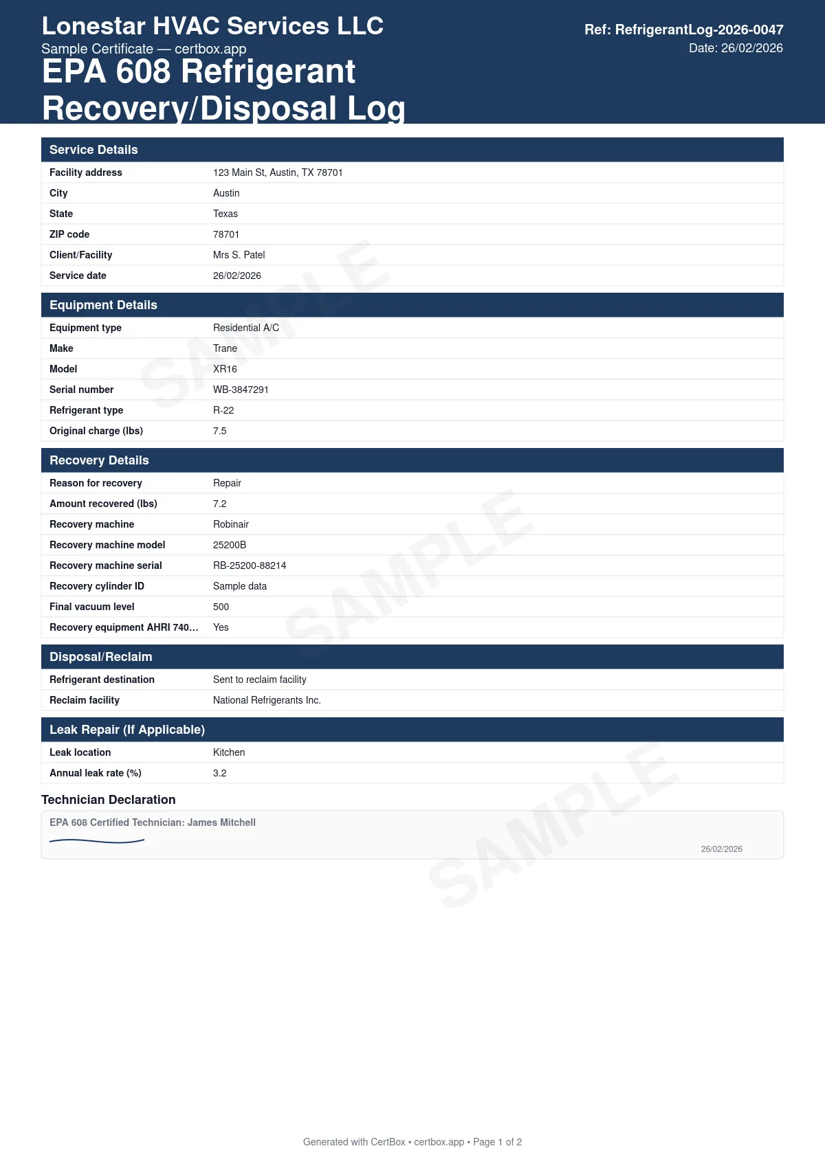 Sample EPA 608 Refrigerant Recovery/Disposal Log certificate created with CertBox, showing the professional PDF layout with equipment identification and refrigerant type, amount recovered in pounds, recovery equipment details