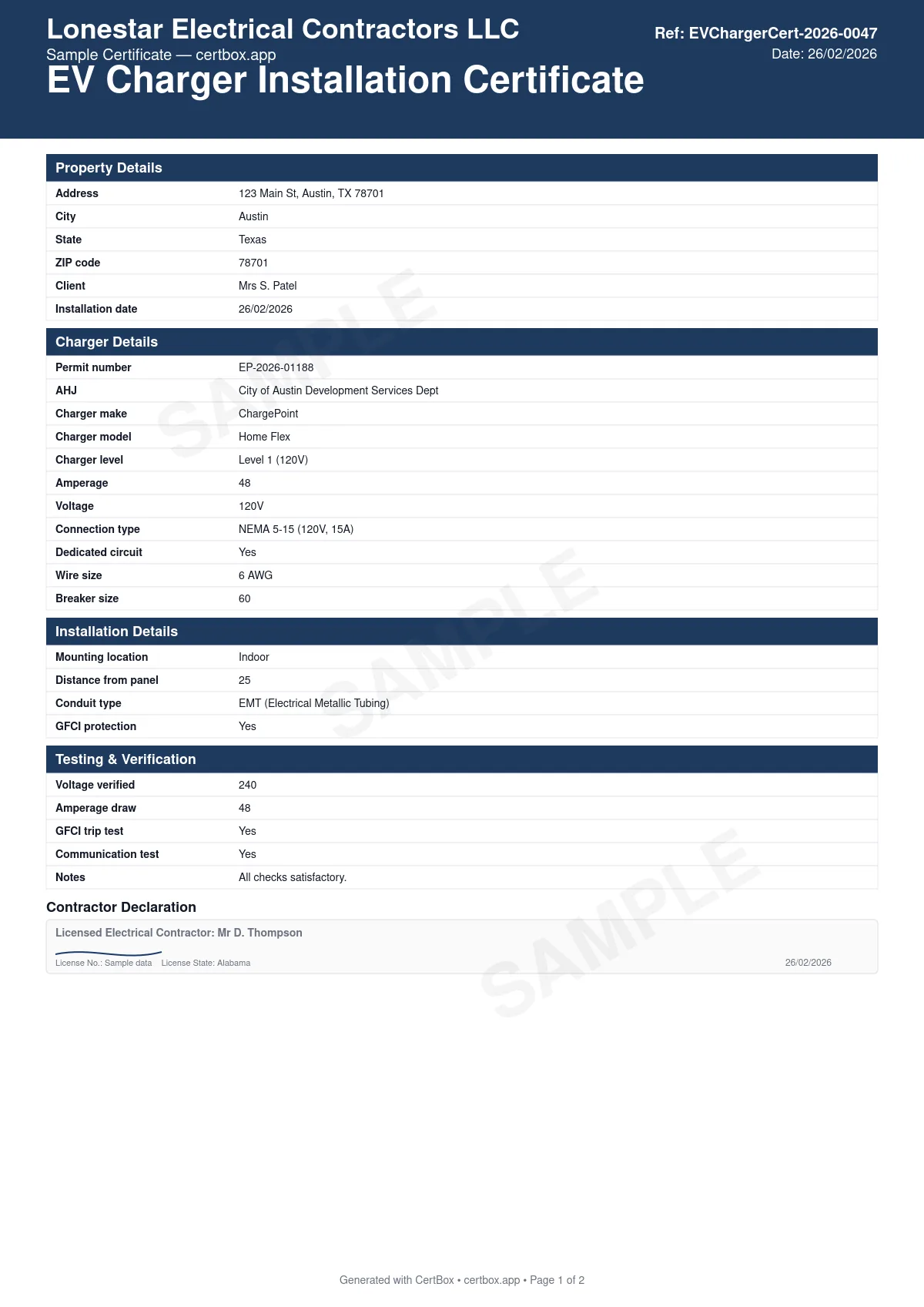 Sample EV Charger Installation Certificate certificate created with CertBox, showing the professional PDF layout with charger make, model, and level, circuit amperage and wire sizing, gfci protection