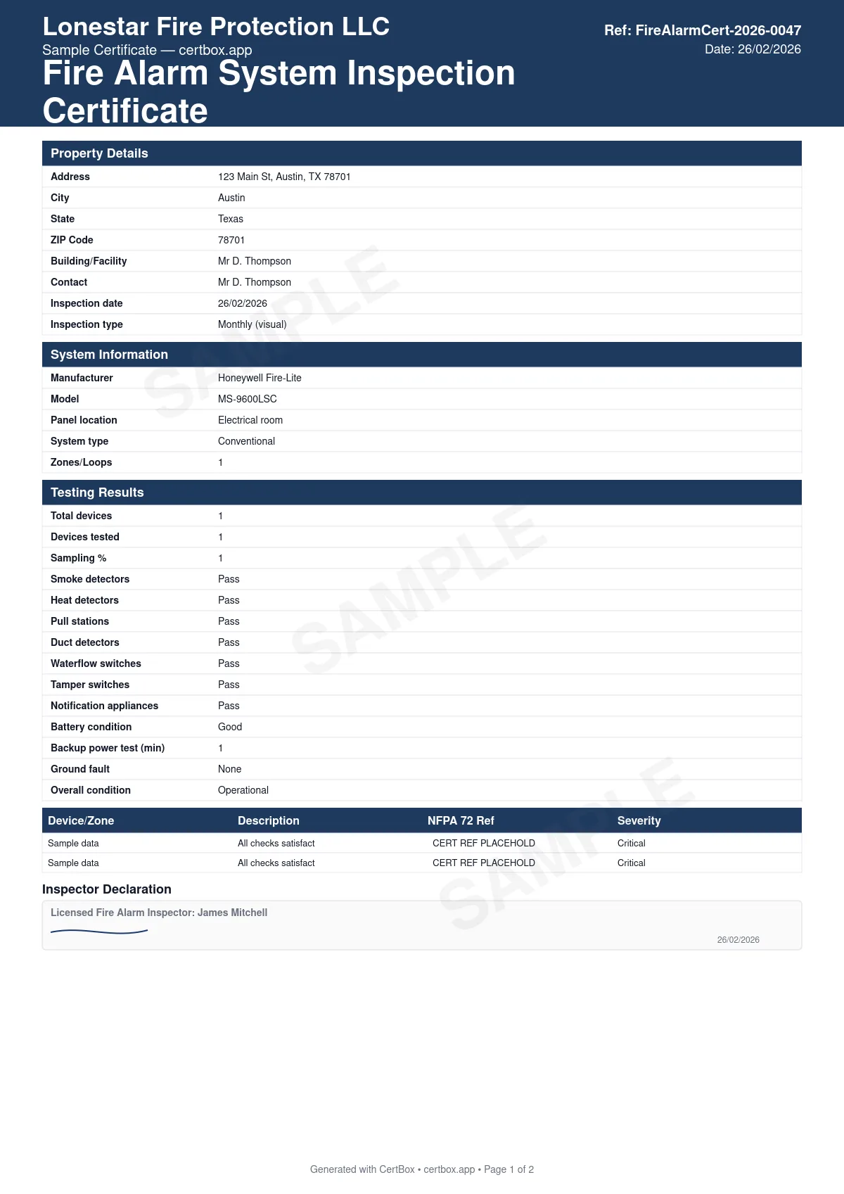 Sample Fire Alarm System Inspection Certificate (NFPA 72) certificate created with CertBox, showing the professional PDF layout with control panel and system type, initiating device testing (smoke, heat, pull stations), notification appliance testing