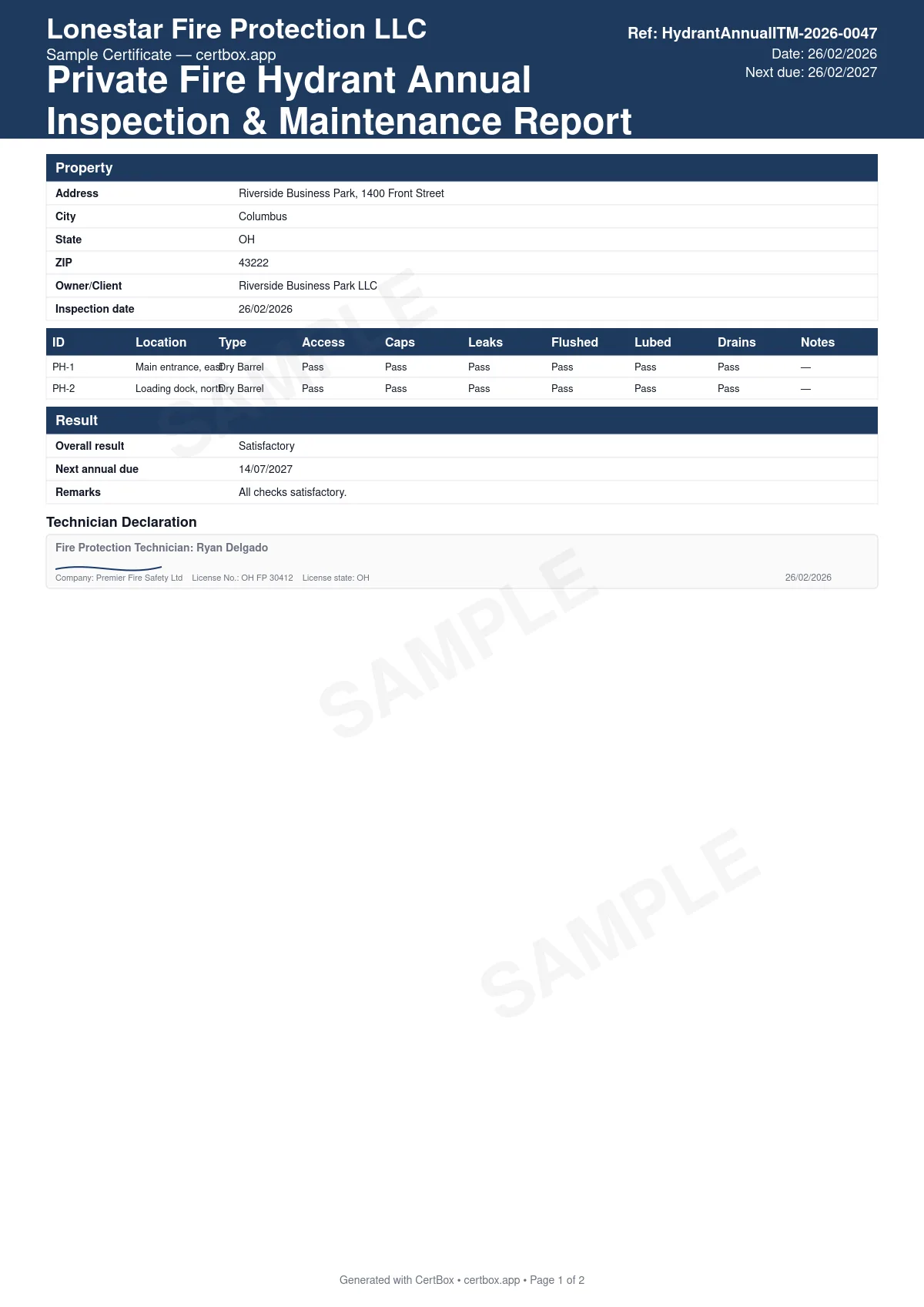 Sample Private Fire Hydrant Annual Inspection & Maintenance Report certificate created with CertBox, showing the professional PDF layout with per-hydrant inspection checklist, full-flow flush until discharge runs clear, annual lubrication of stems, caps and threads