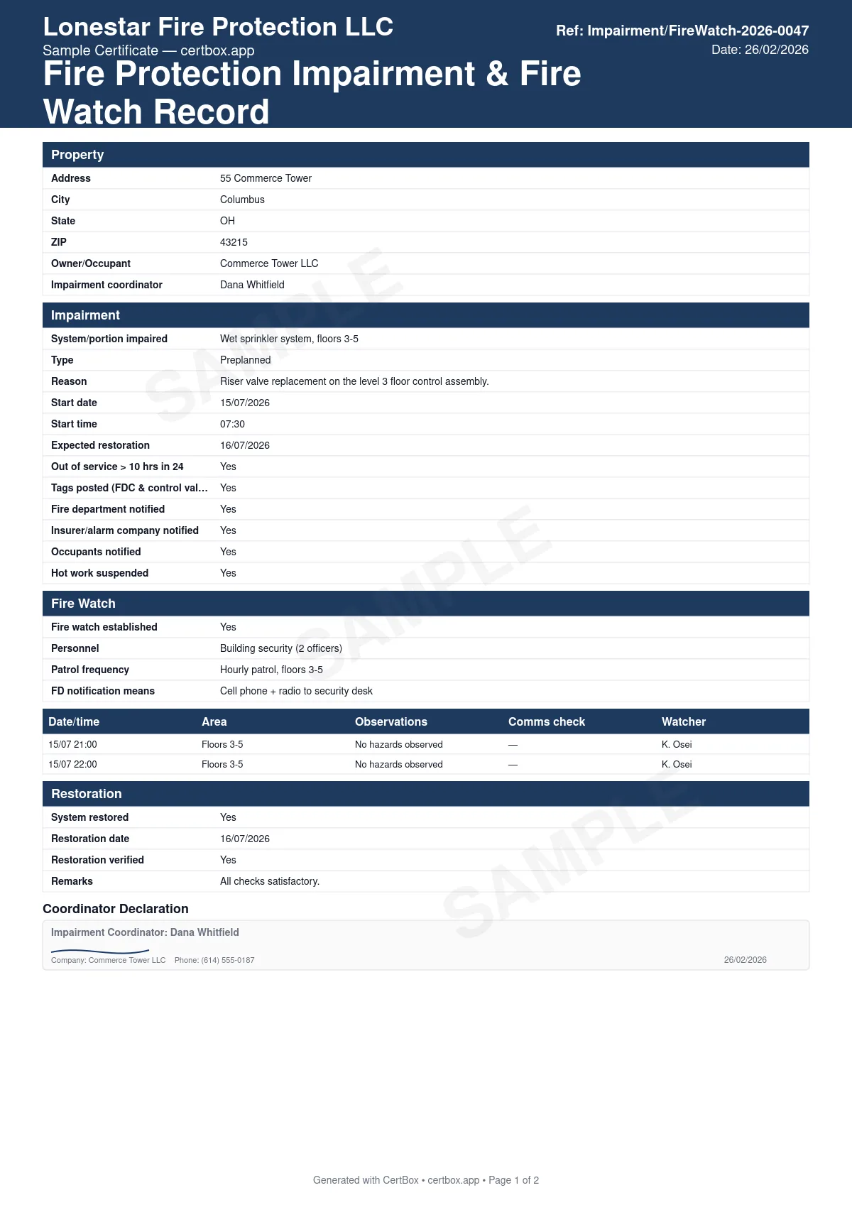 Sample Fire Protection Impairment & Fire Watch Record certificate created with CertBox, showing the professional PDF layout with system impaired and reason, tags at fdc and control valve, fire department and insurer notifications