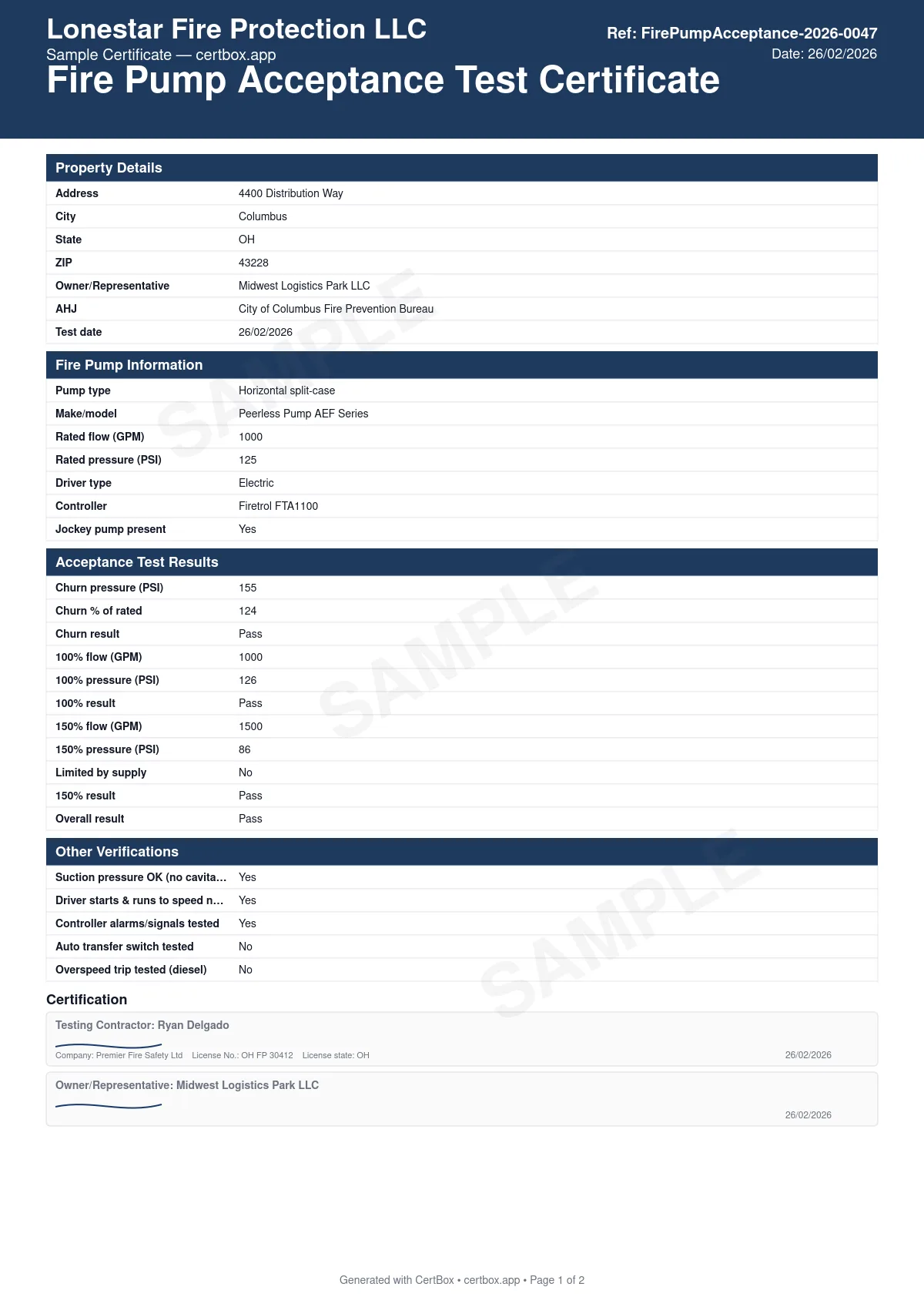 Sample Fire Pump Acceptance Test Certificate certificate created with CertBox, showing the professional PDF layout with pump nameplate data and driver type, churn (no-flow) pressure against the 140% limit, 100% and 150% rated-flow test results