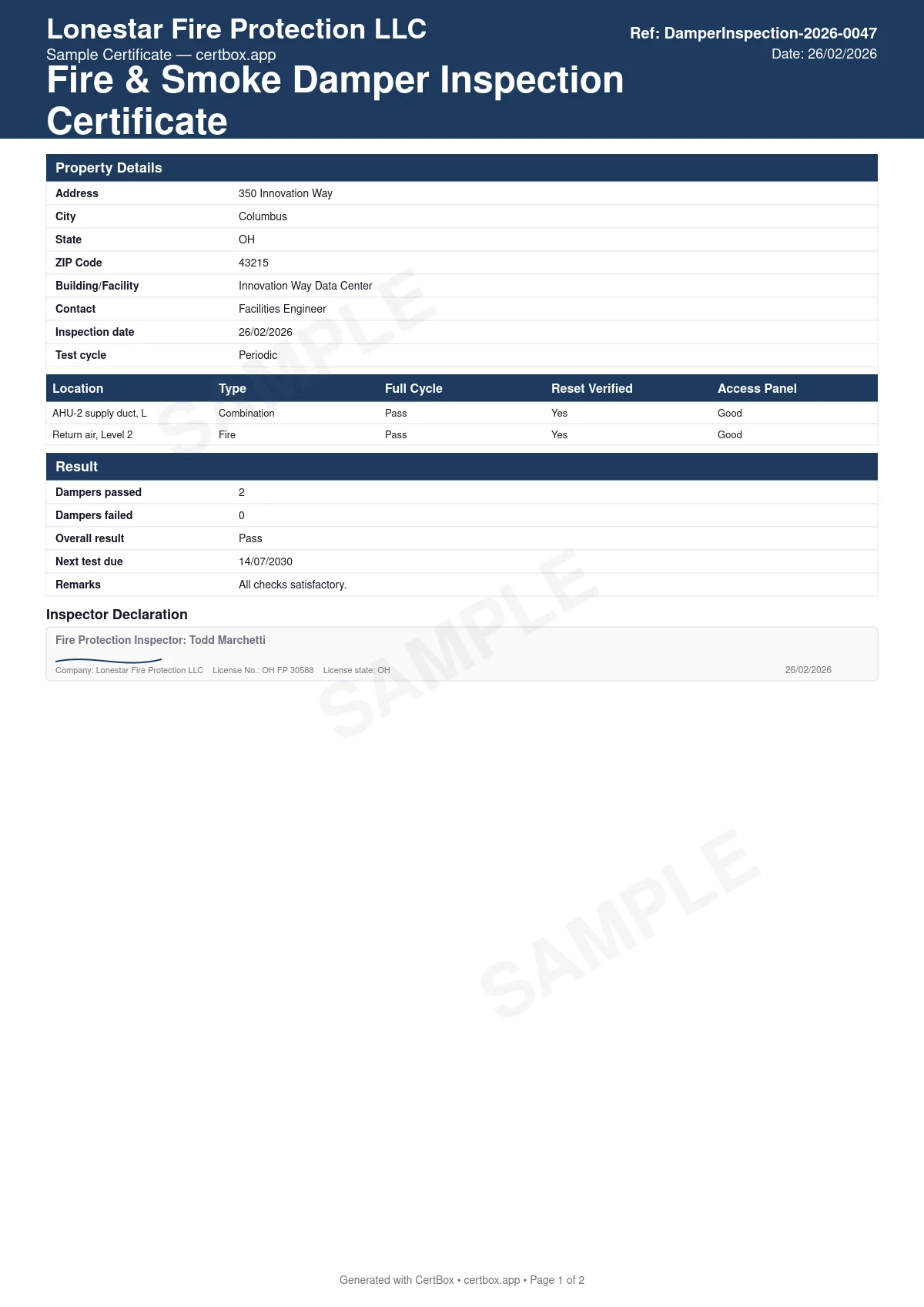 Sample Fire & Smoke Damper Inspection Certificate certificate created with CertBox, showing the professional PDF layout with occupancy type and test cycle, per-damper location, type and full-cycle operation, reset and access panel condition