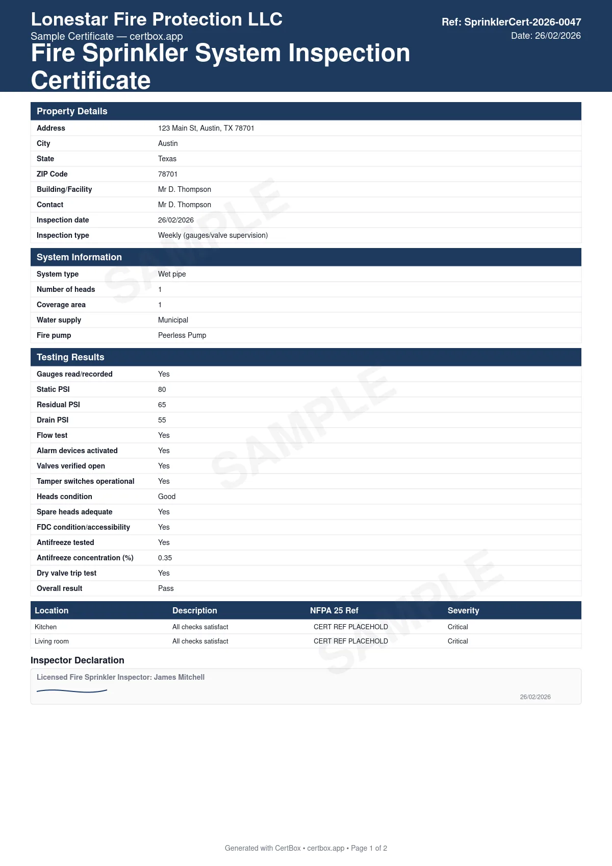 Sample Fire Sprinkler System Inspection Certificate (NFPA 25) certificate created with CertBox, showing the professional PDF layout with system type and coverage, sprinkler head condition, valve positions and tamper switches