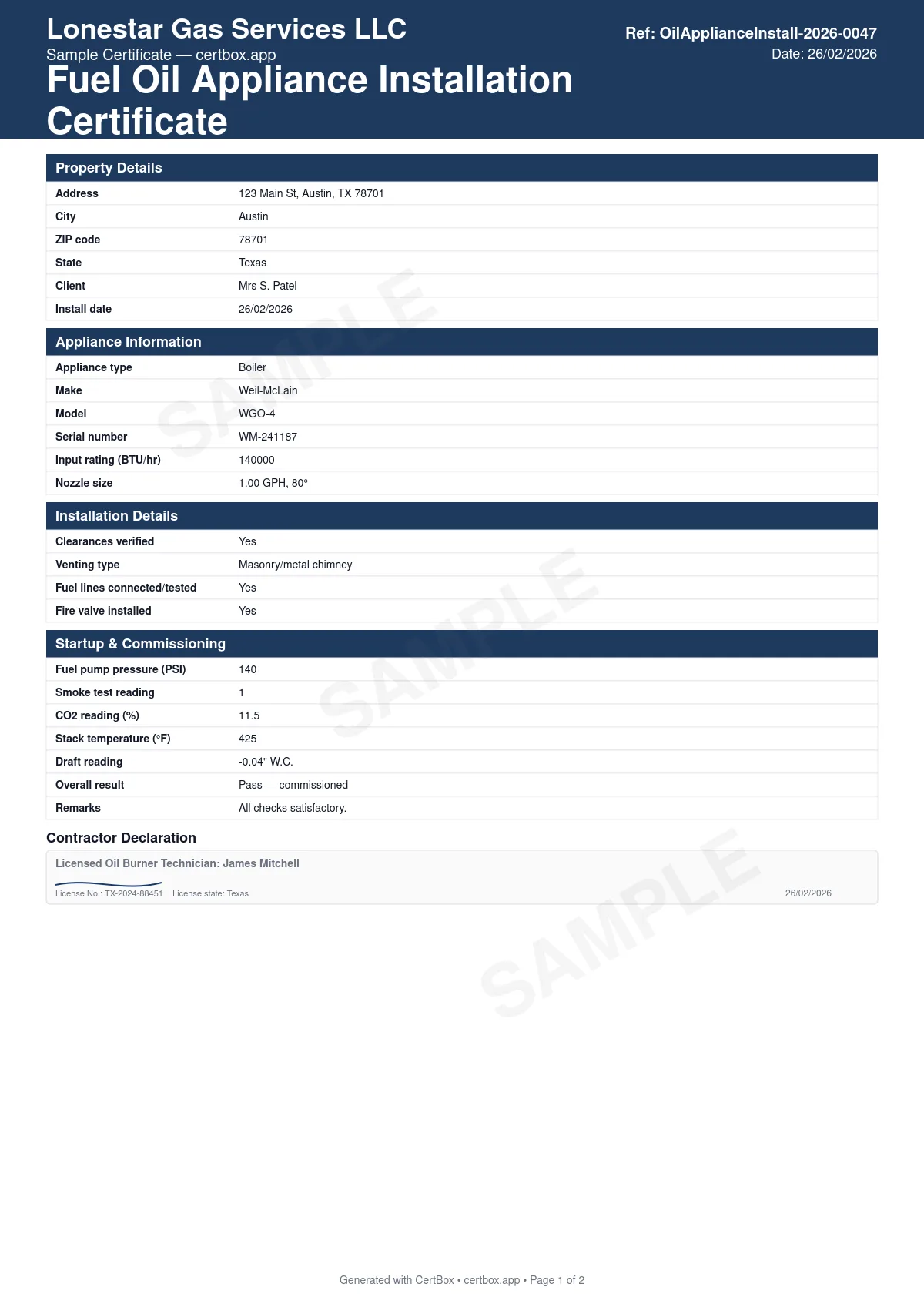 Sample Fuel Oil Appliance Installation Certificate certificate created with CertBox, showing the professional PDF layout with appliance and burner details, oil supply line and filter, venting and combustion air