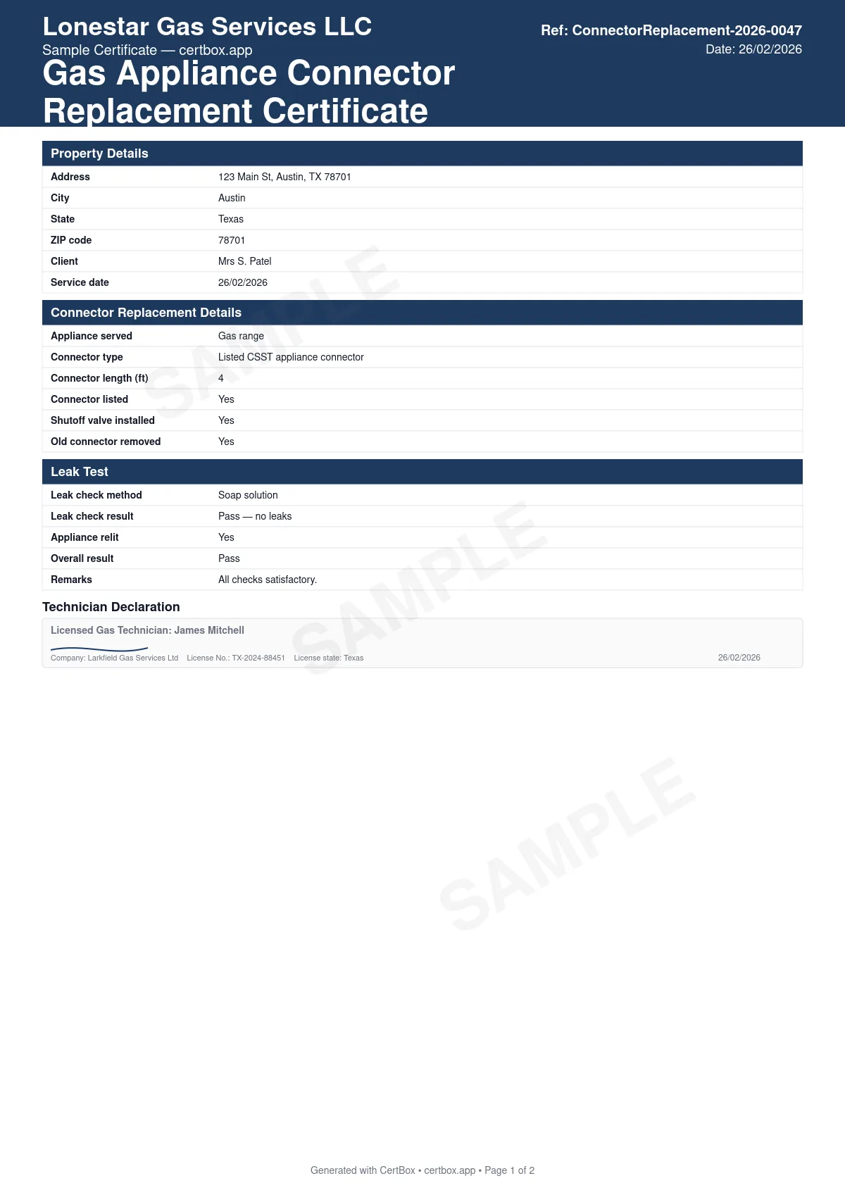 Sample Gas Appliance Connector Replacement Certificate certificate created with CertBox, showing the professional PDF layout with appliance served, old connector condition and reason for replacement, new connector standard and rating