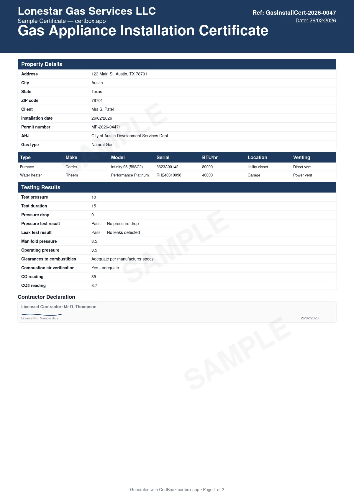 Sample Gas Appliance Installation Certificate certificate created with CertBox, showing the professional PDF layout with gas appliance make, model, and btu rating, gas line connection and leak testing, venting and combustion air verification