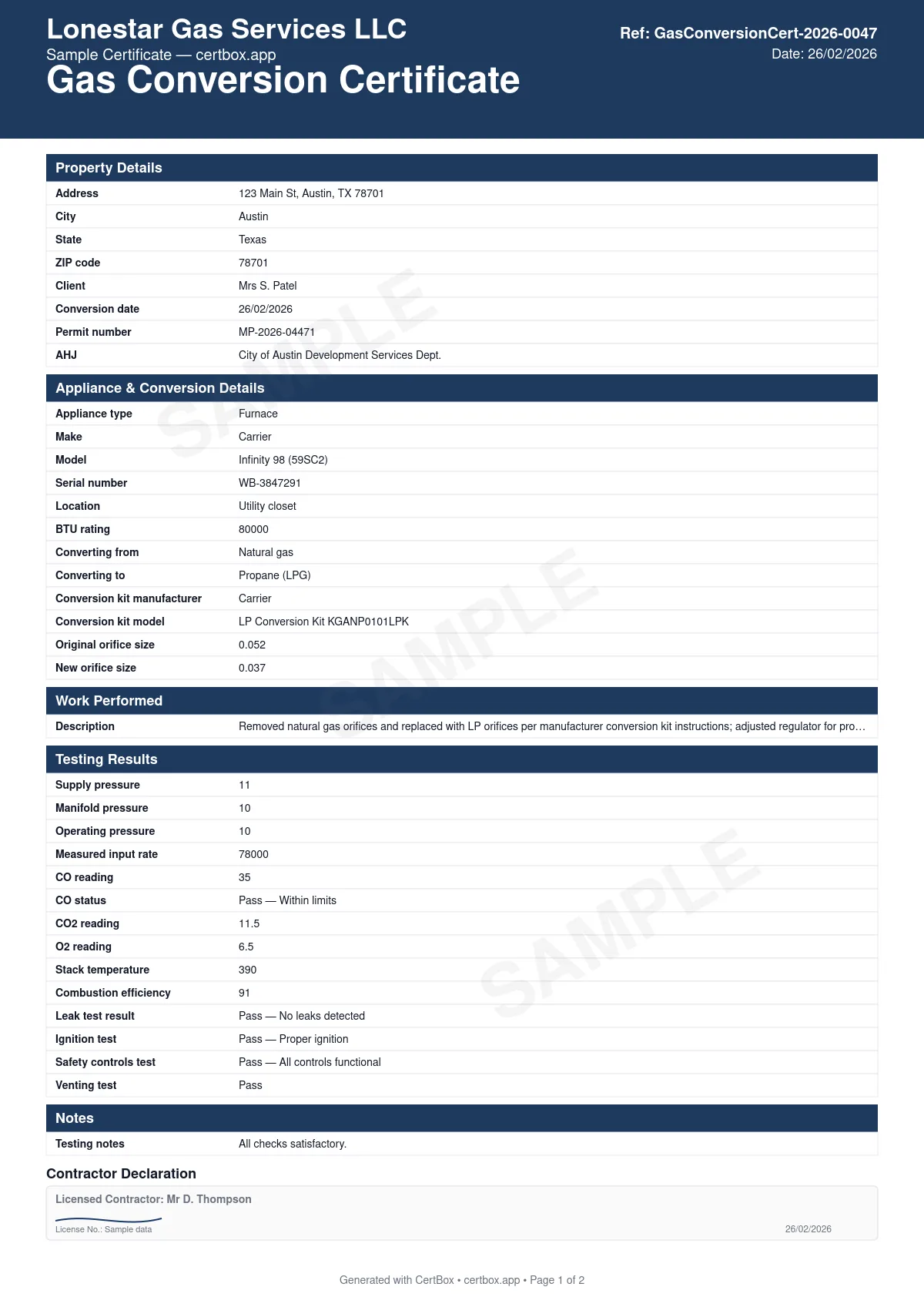 Sample Gas Conversion Certificate certificate created with CertBox, showing the professional PDF layout with appliance identification, original and new fuel type, conversion kit details and orifice sizes