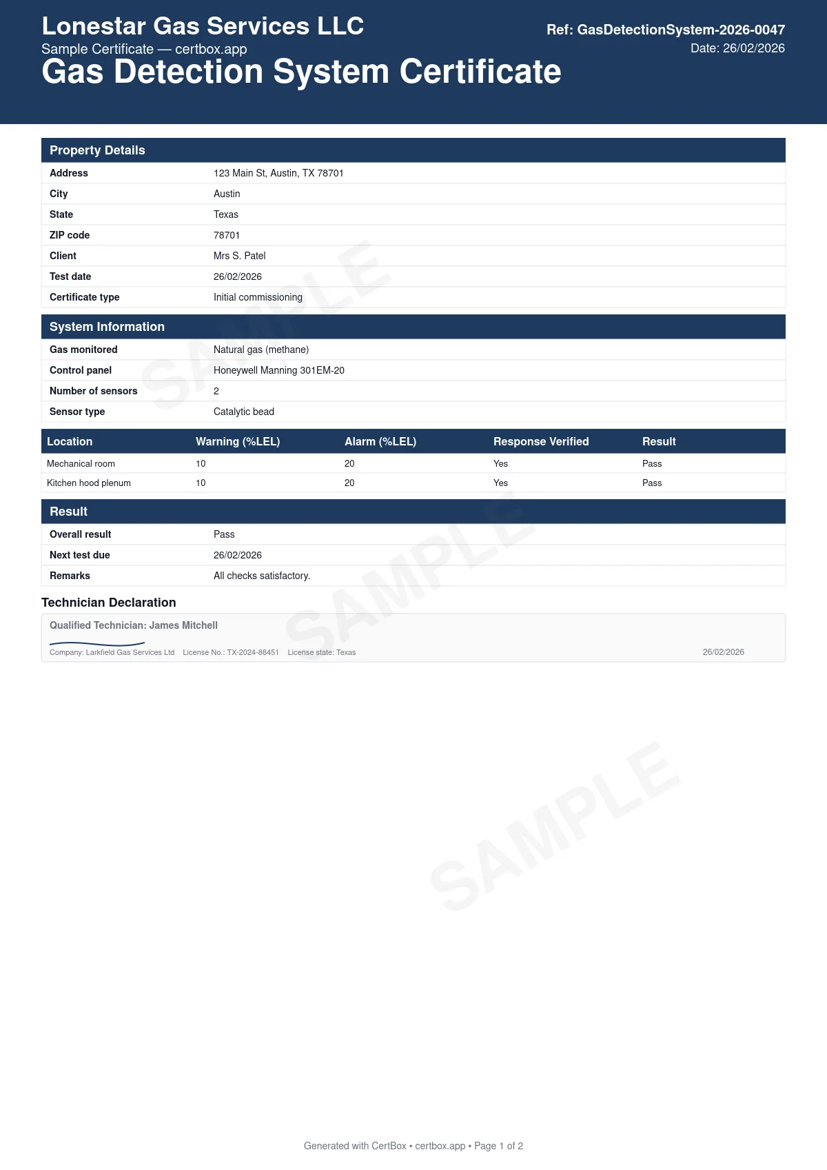 Sample Gas Detection System Certificate certificate created with CertBox, showing the professional PDF layout with detector type and locations, warning and alarm setpoints, calibration gas and results
