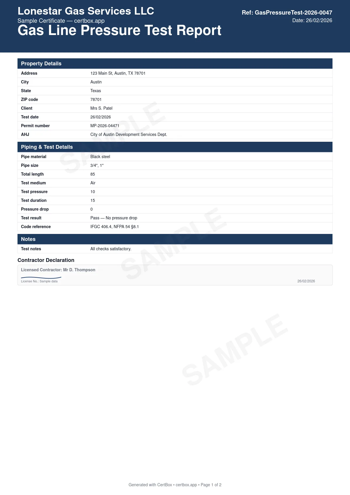 Sample Gas Line Pressure Test Report certificate created with CertBox, showing the professional PDF layout with pipe material and size, test medium and pressure, test duration and pressure drop