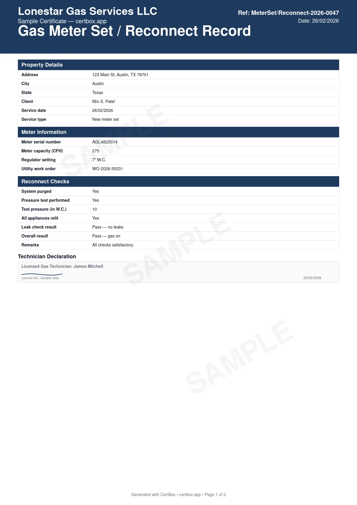 Sample Gas Meter Set / Reconnect Record certificate created with CertBox, showing the professional PDF layout with meter and regulator identification, system pressure test result, appliance relight and safety checks