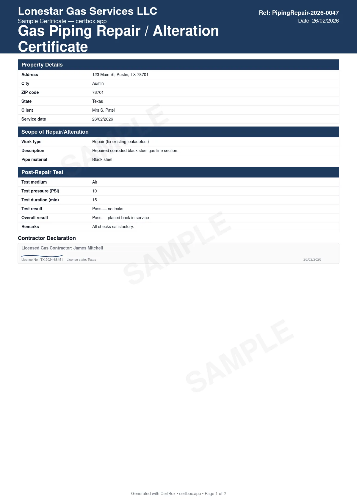 Sample Gas Piping Repair / Alteration Certificate certificate created with CertBox, showing the professional PDF layout with piping section repaired or altered, materials and joining method, isolation of the affected section