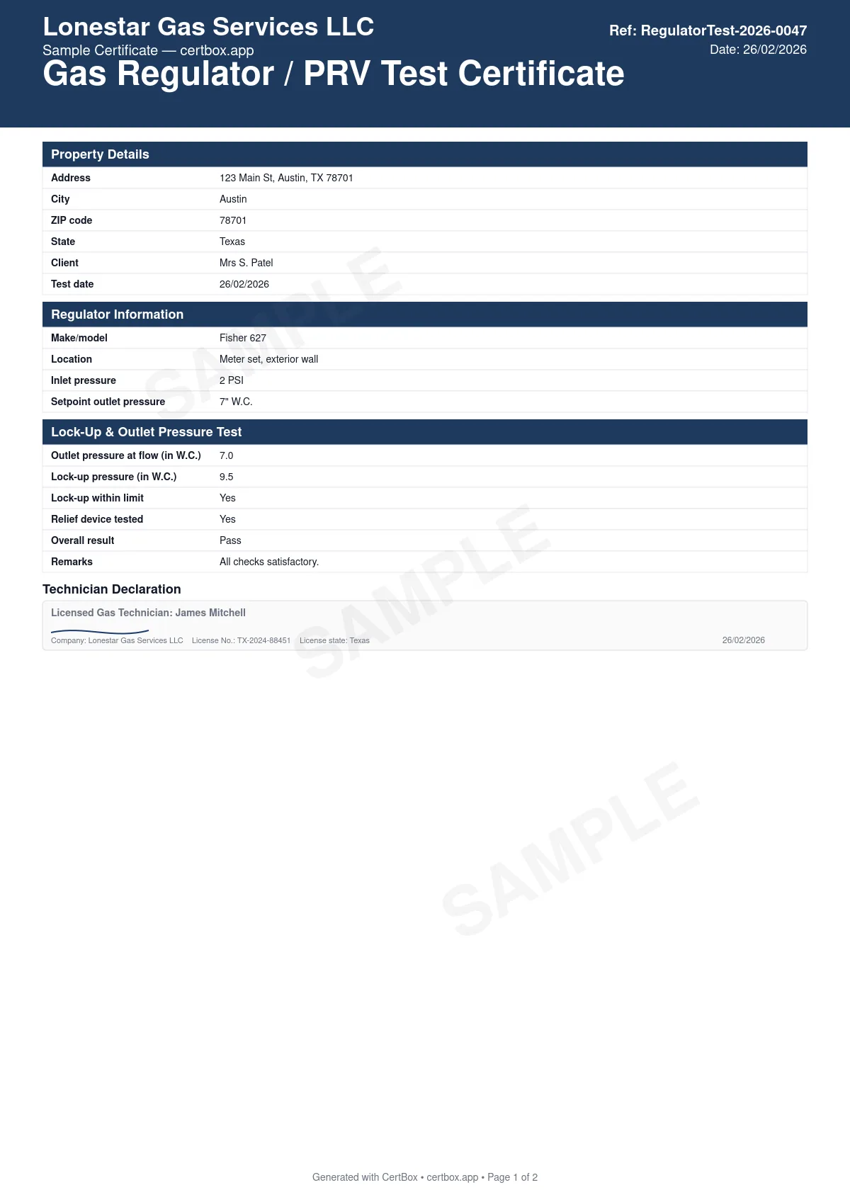 Sample Gas Regulator / PRV Test Certificate certificate created with CertBox, showing the professional PDF layout with regulator or prv identification, inlet and outlet pressure, lock-up (no-flow shut-off) test
