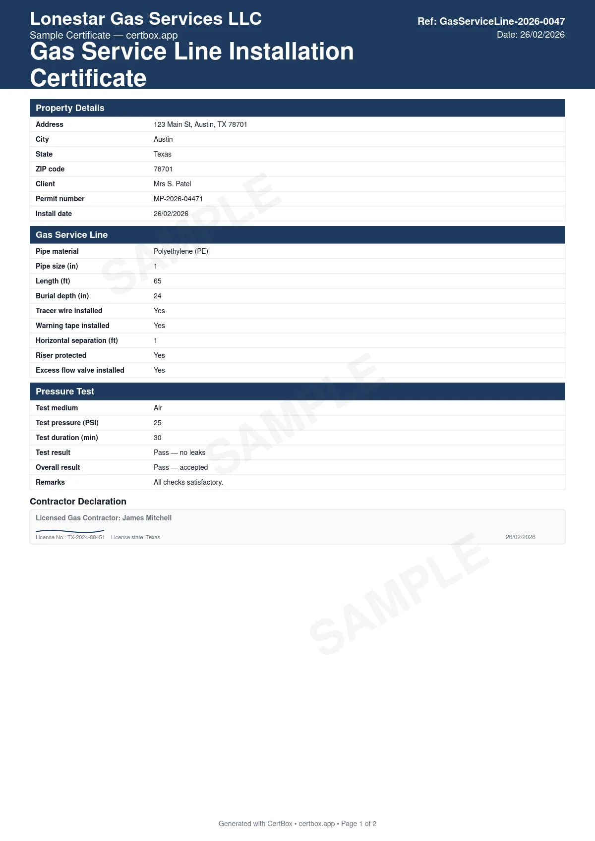 Sample Gas Service Line Installation Certificate certificate created with CertBox, showing the professional PDF layout with pipe material and size, route and burial depth, tracer wire for plastic (pe) pipe
