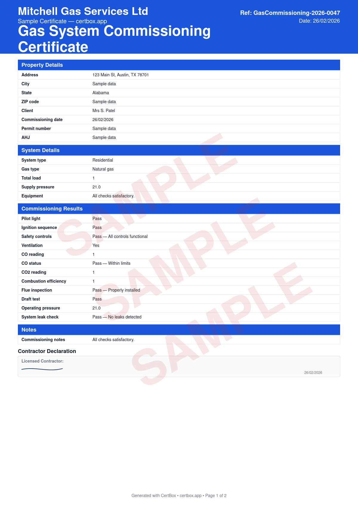Sample Gas System Commissioning Certificate certificate created with CertBox, showing the professional PDF layout with system type and equipment details, gas supply verification, operating pressure checks