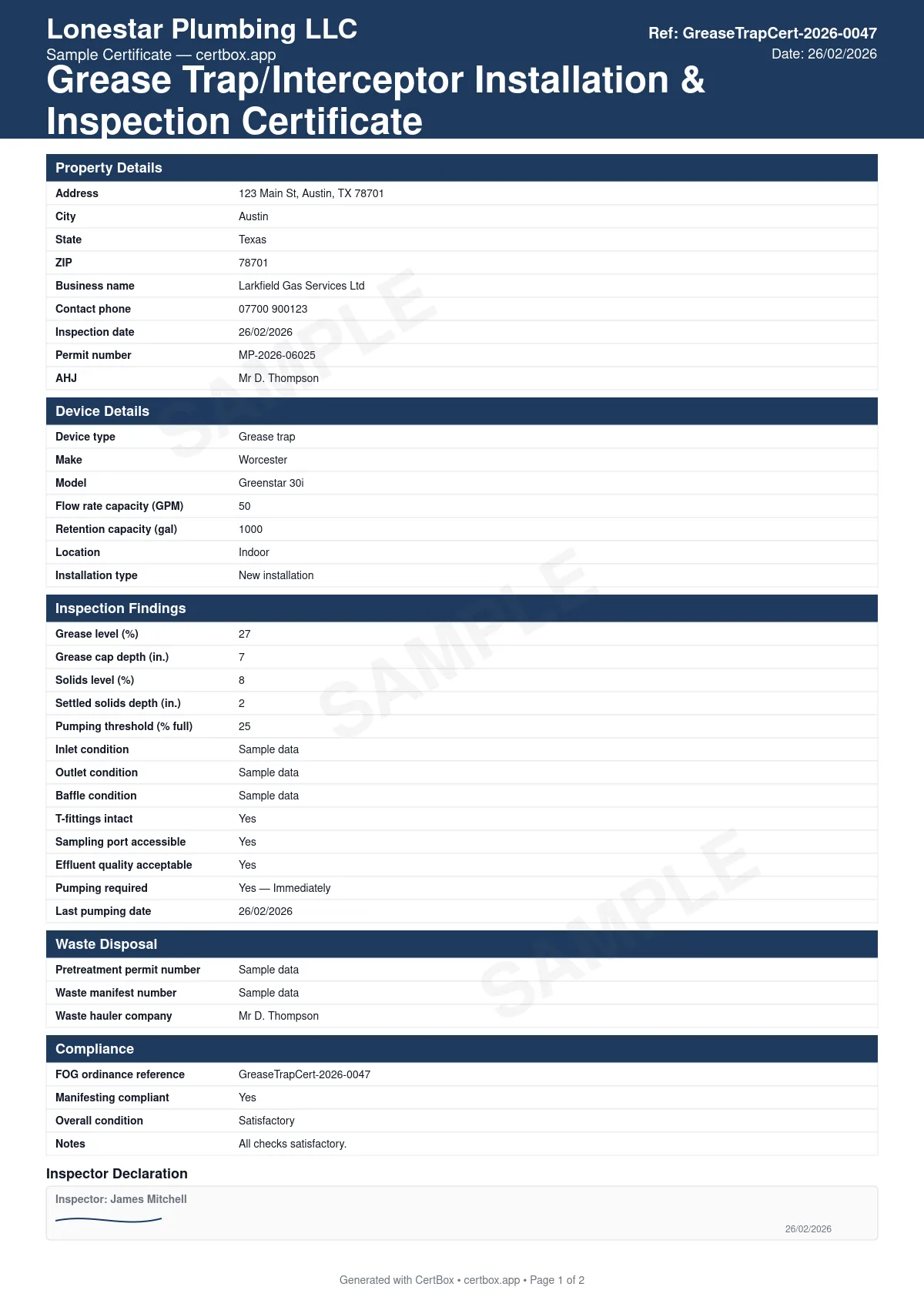 Sample Grease Trap/Interceptor Installation & Inspection Certificate certificate created with CertBox, showing the professional PDF layout with device type, capacity, and location, grease and solids levels, inlet, outlet, and baffle condition