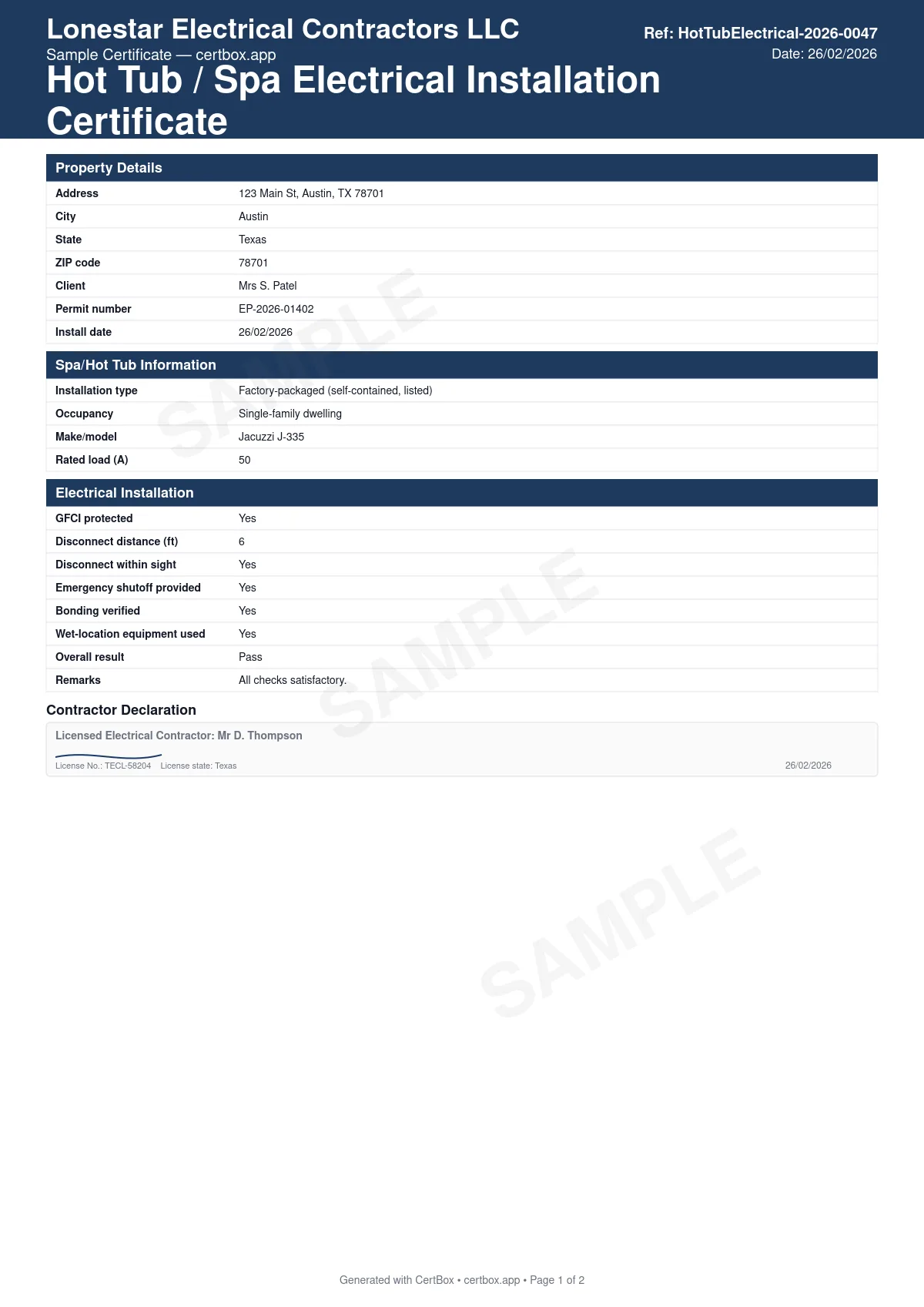 Sample Hot Tub / Spa Electrical Installation Certificate certificate created with CertBox, showing the professional PDF layout with dedicated circuit and conductor size, gfci protection, emergency disconnect location