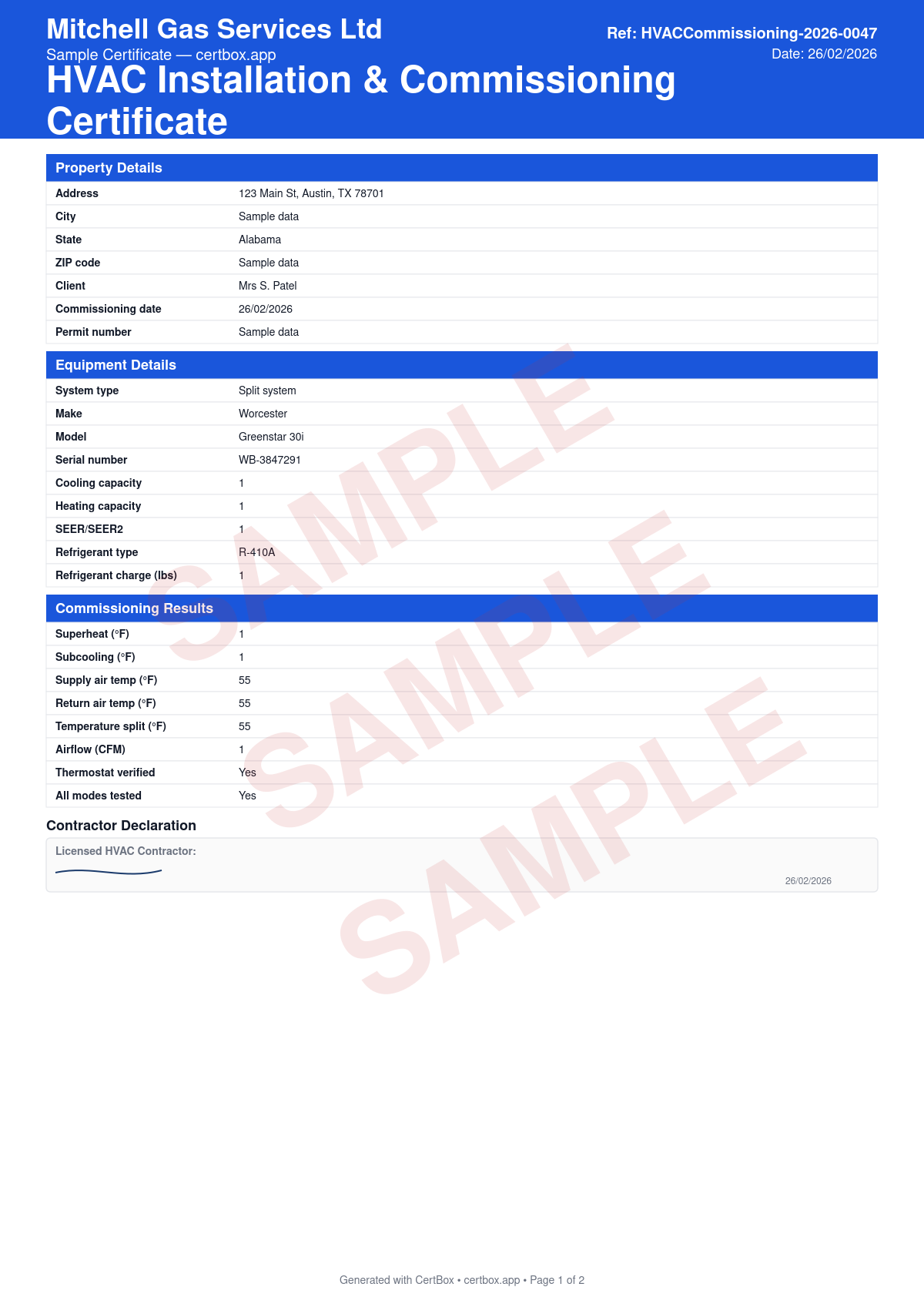 Sample HVAC Installation & Commissioning Certificate certificate created with CertBox, showing the professional PDF layout with equipment specifications and ratings, refrigerant type and charge, superheat and subcooling readings