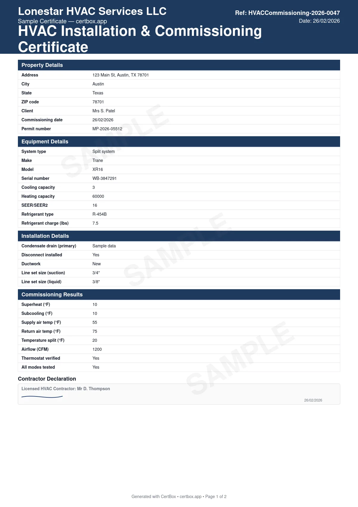 Sample HVAC Installation & Commissioning Certificate certificate created with CertBox, showing the professional PDF layout with equipment specifications and ratings, refrigerant type and charge, superheat and subcooling readings