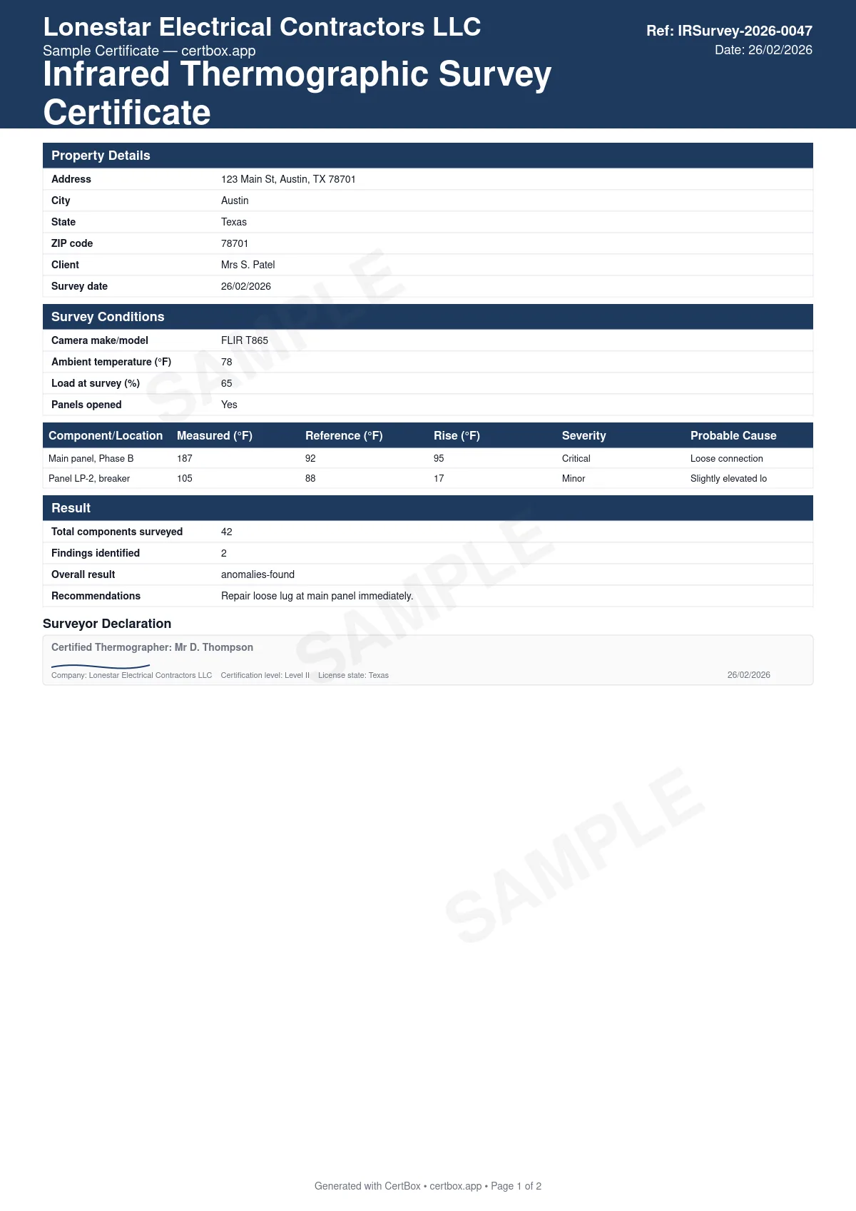 Sample Infrared Thermographic Survey Certificate certificate created with CertBox, showing the professional PDF layout with camera and survey conditions (ambient temperature, load at time of survey), each thermal finding: component, measured and reference temperature, temperature rise, severity classification (minor / serious / critical)