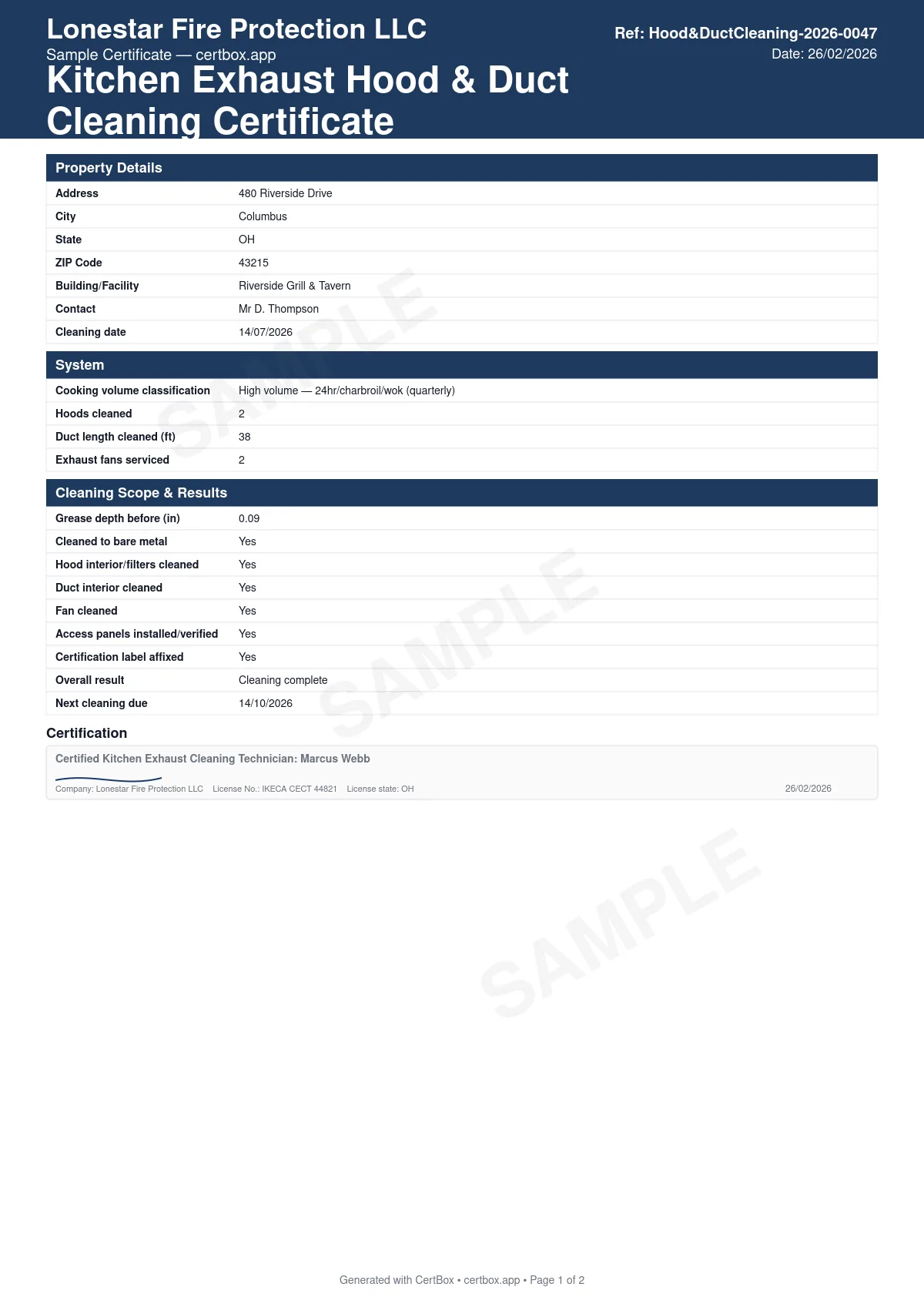 Sample Kitchen Exhaust Hood & Duct Cleaning Certificate certificate created with CertBox, showing the professional PDF layout with cooking volume classification and service interval, grease depth before cleaning, hood, filter, duct and fan cleaning to bare metal