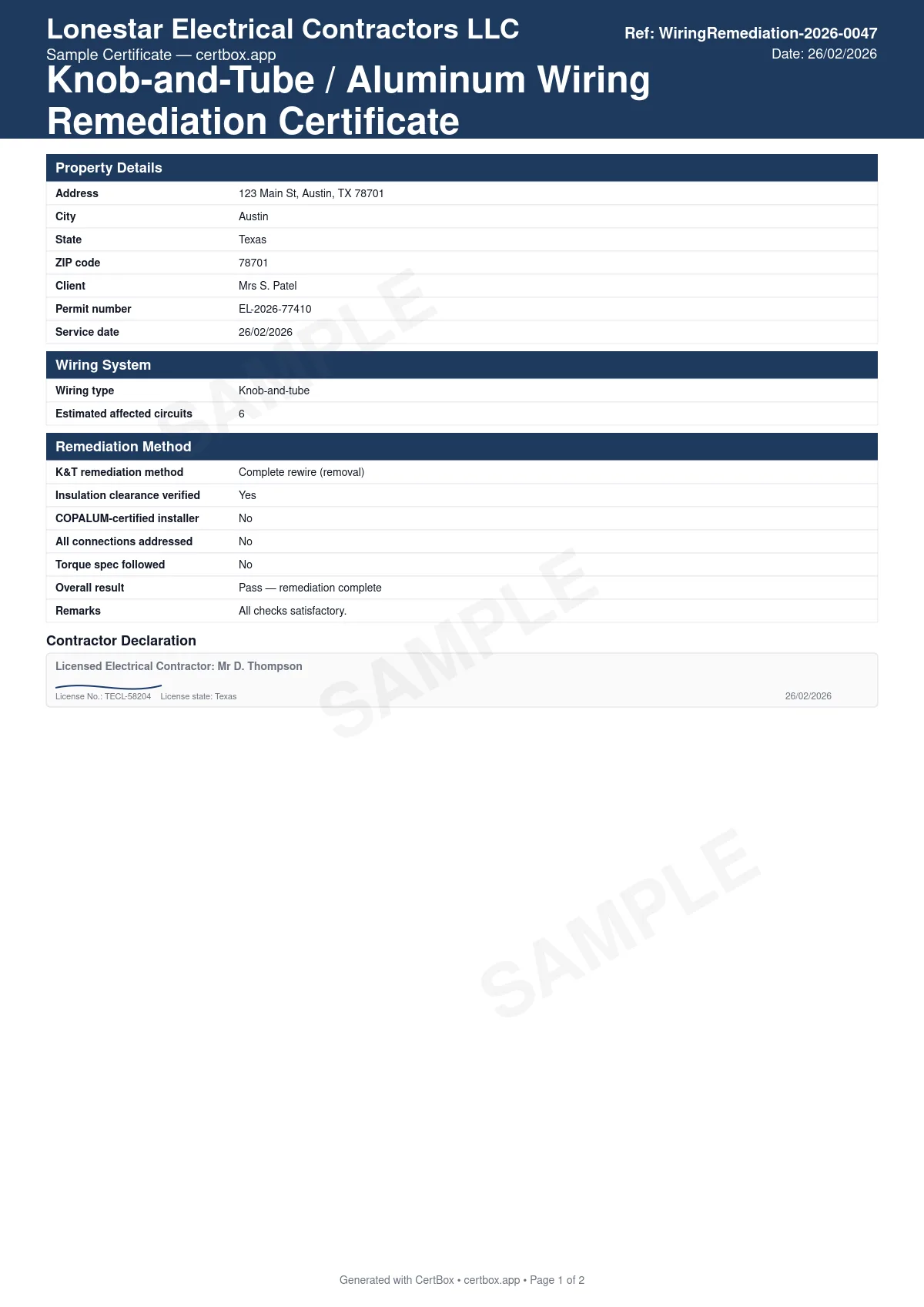 Sample Knob-and-Tube / Aluminum Wiring Remediation Certificate certificate created with CertBox, showing the professional PDF layout with wiring type found (knob-and-tube or aluminum), circuits remediated, method used (replacement, copalum, alumiconn)