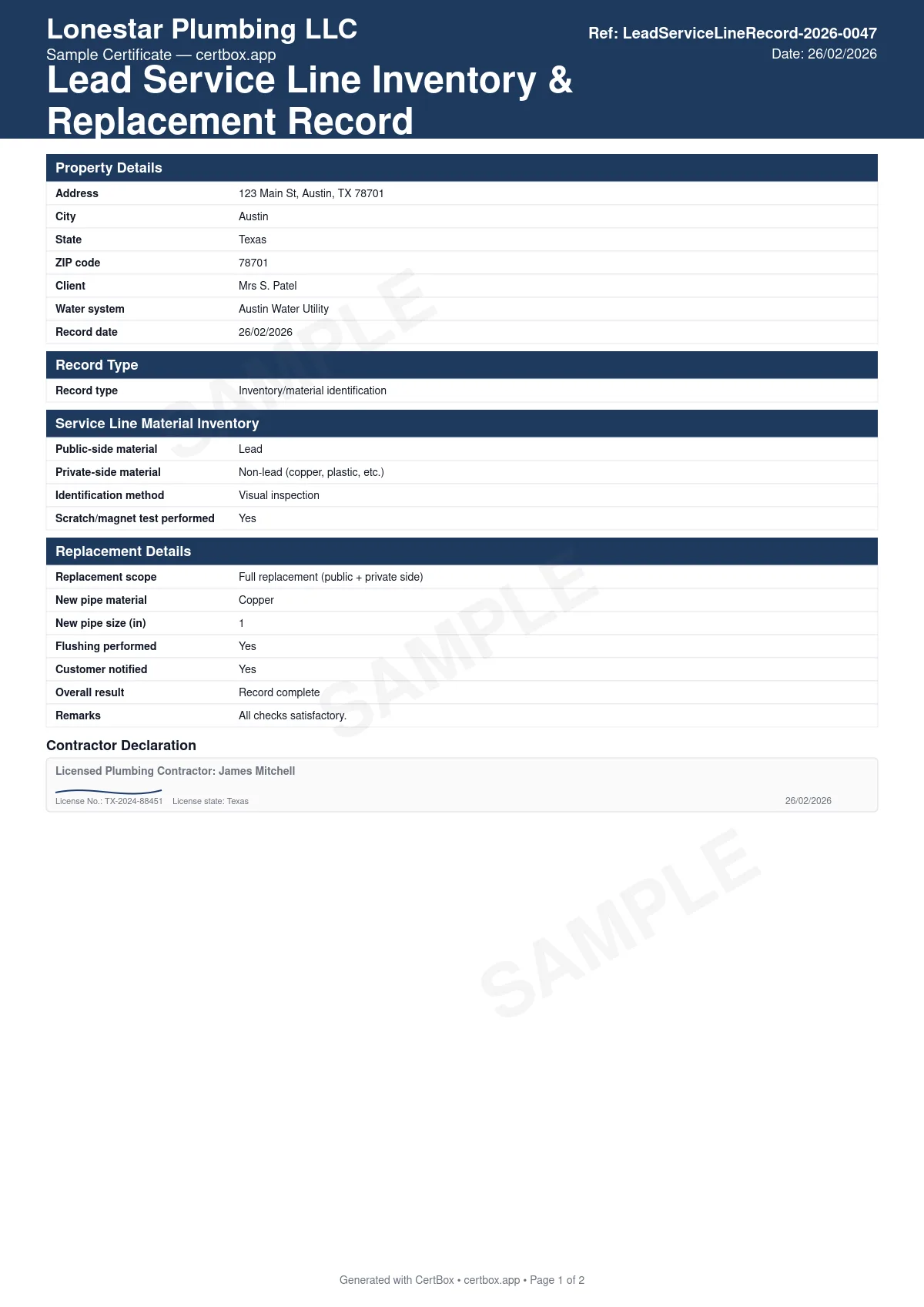 Sample Lead Service Line Inventory & Replacement Record certificate created with CertBox, showing the professional PDF layout with record type: inventory/material identification or replacement completion, public-side and private-side material classification (lead, galvanized requiring replacement, non-lead, or unknown), identification method (visual, records, predictive model, or excavation)