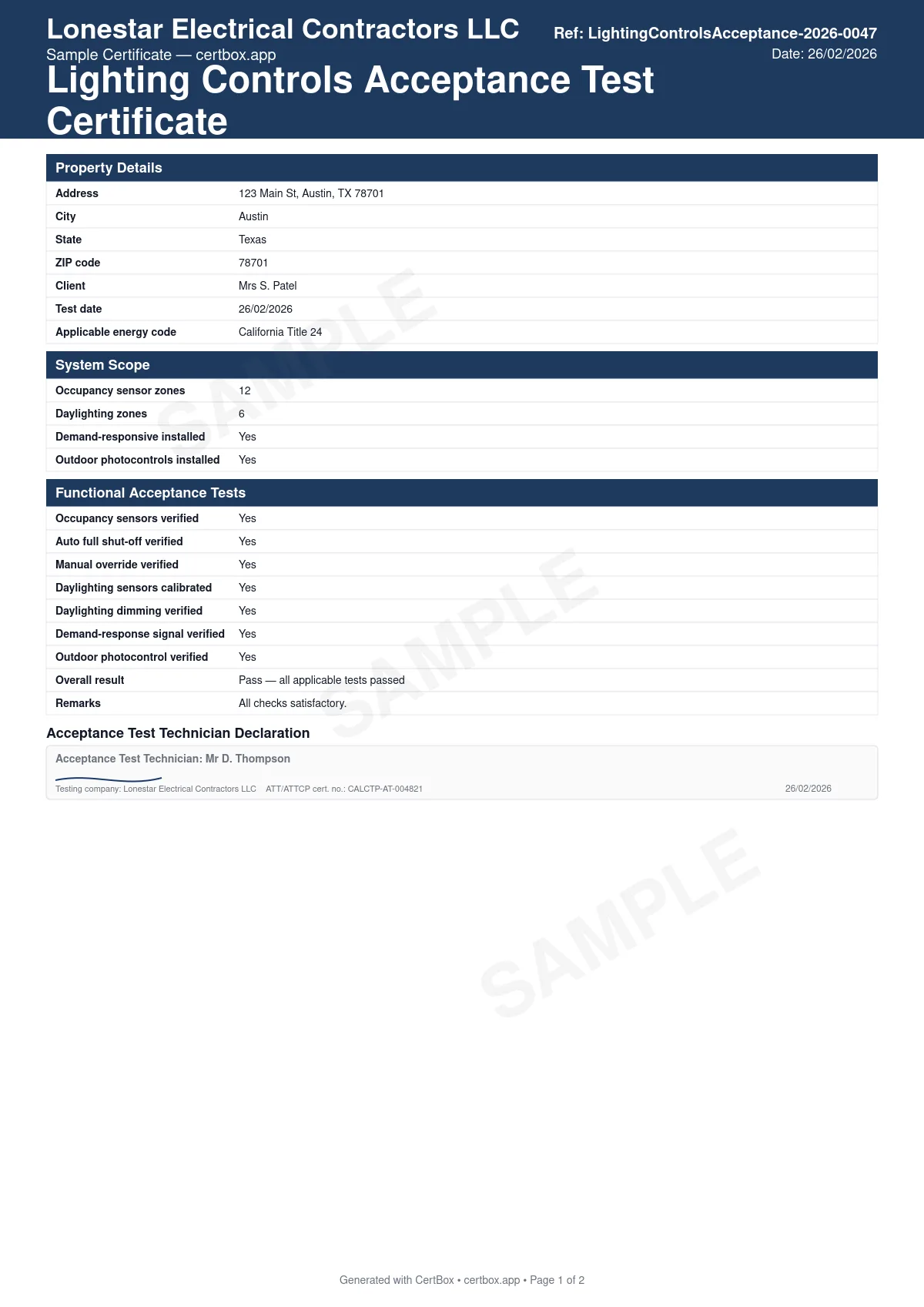 Sample Lighting Controls Acceptance Test Certificate certificate created with CertBox, showing the professional PDF layout with occupancy/vacancy sensor zones and automatic shut-off, daylighting sensor calibration and dimming response, demand-responsive control signal reception