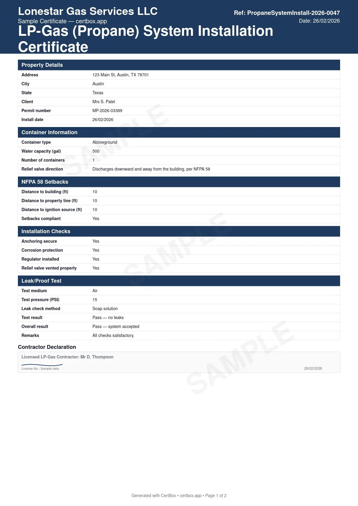 Sample LP-Gas (Propane) System Installation Certificate certificate created with CertBox, showing the professional PDF layout with container type, capacity, and count, nfpa 58 setback distances to buildings, property lines, and ignition sources, anchoring, corrosion protection, and regulator venting checks