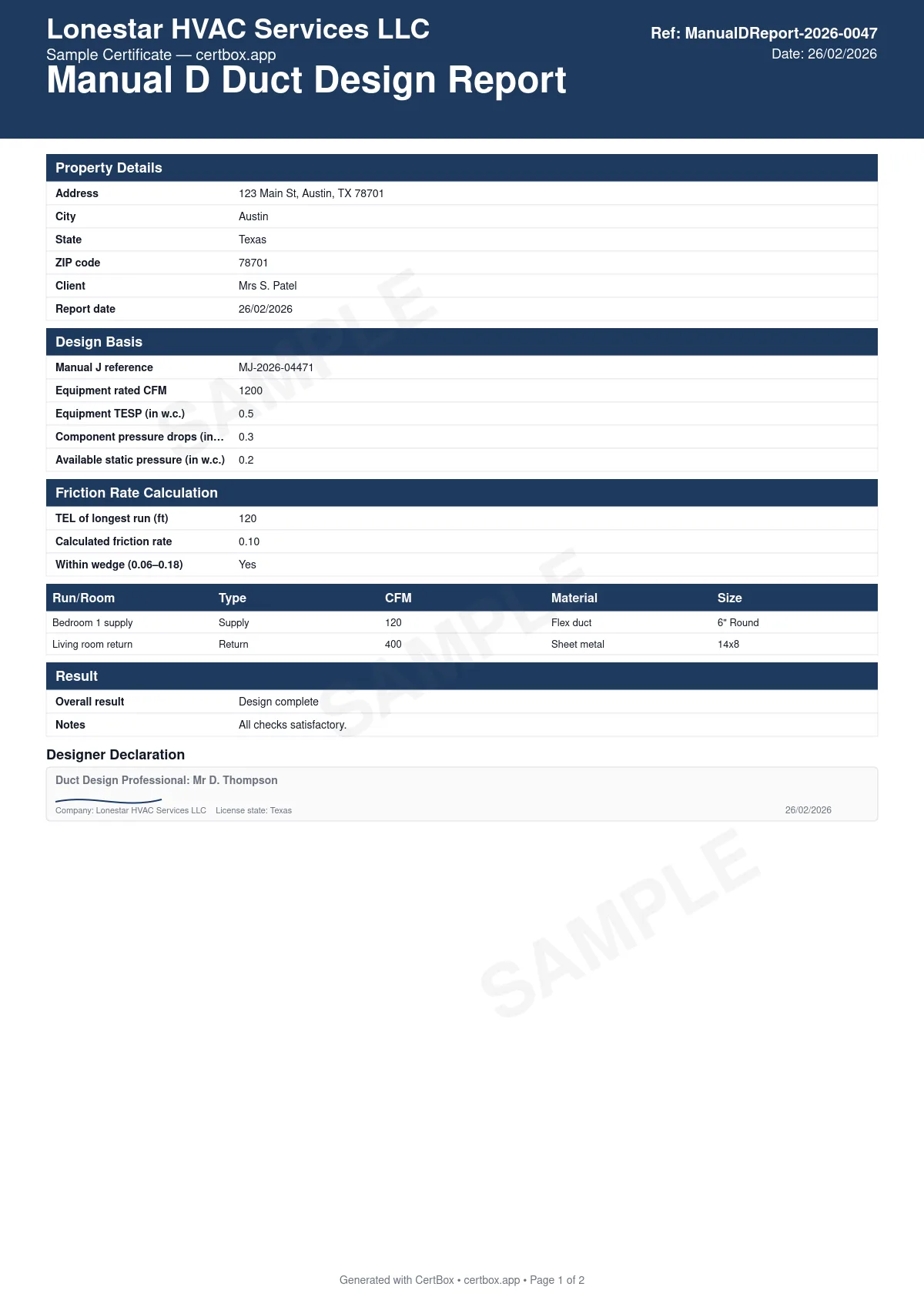 Sample Manual D Duct Design Report certificate created with CertBox, showing the professional PDF layout with available static pressure and friction rate calculation ("the wedge"), total effective length of the longest duct run, duct type, material, and sized dimensions for every run