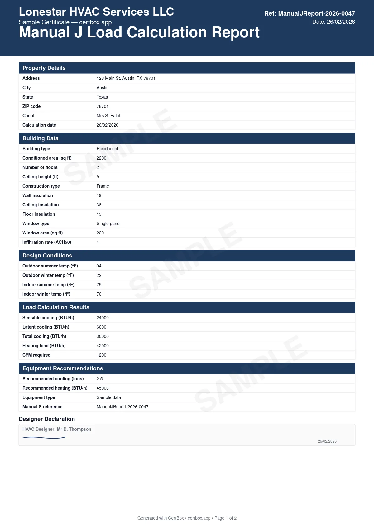 Sample Manual J Load Calculation Report certificate created with CertBox, showing the professional PDF layout with building envelope data (insulation, windows, infiltration), design conditions (outdoor/indoor temperatures), sensible and latent cooling loads