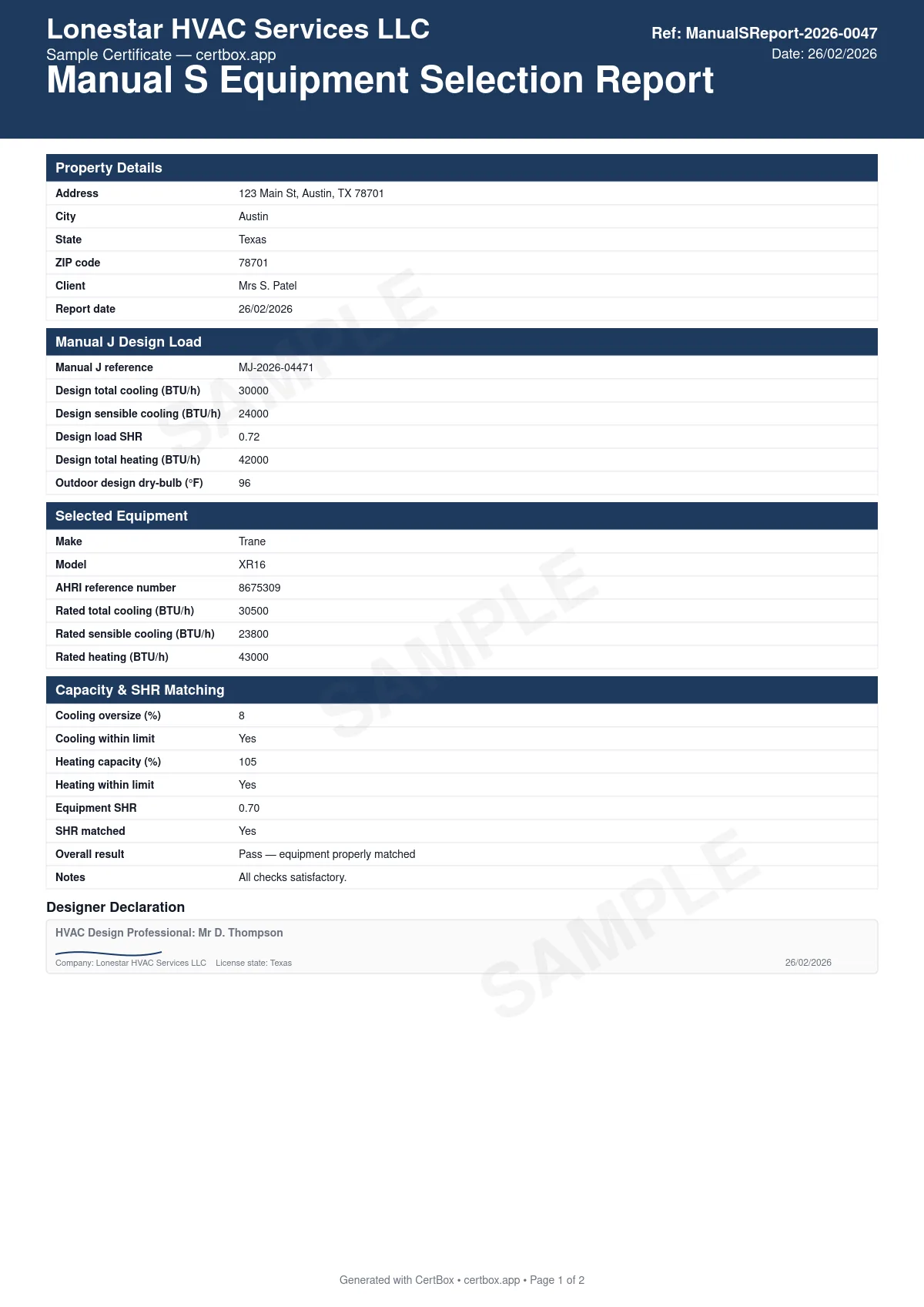 Sample Manual S Equipment Selection Report certificate created with CertBox, showing the professional PDF layout with manual j design load reference, selected equipment make, model, and ahri-rated capacity, cooling oversize (≤115% of load) and heating oversize (≤140% of load)