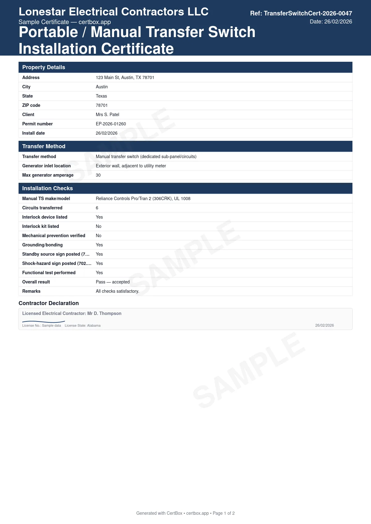 Sample Portable / Manual Transfer Switch Installation Certificate certificate created with CertBox, showing the professional PDF layout with transfer switch or interlock kit type and rating, circuits served by the standby supply, generator inlet and cord rating