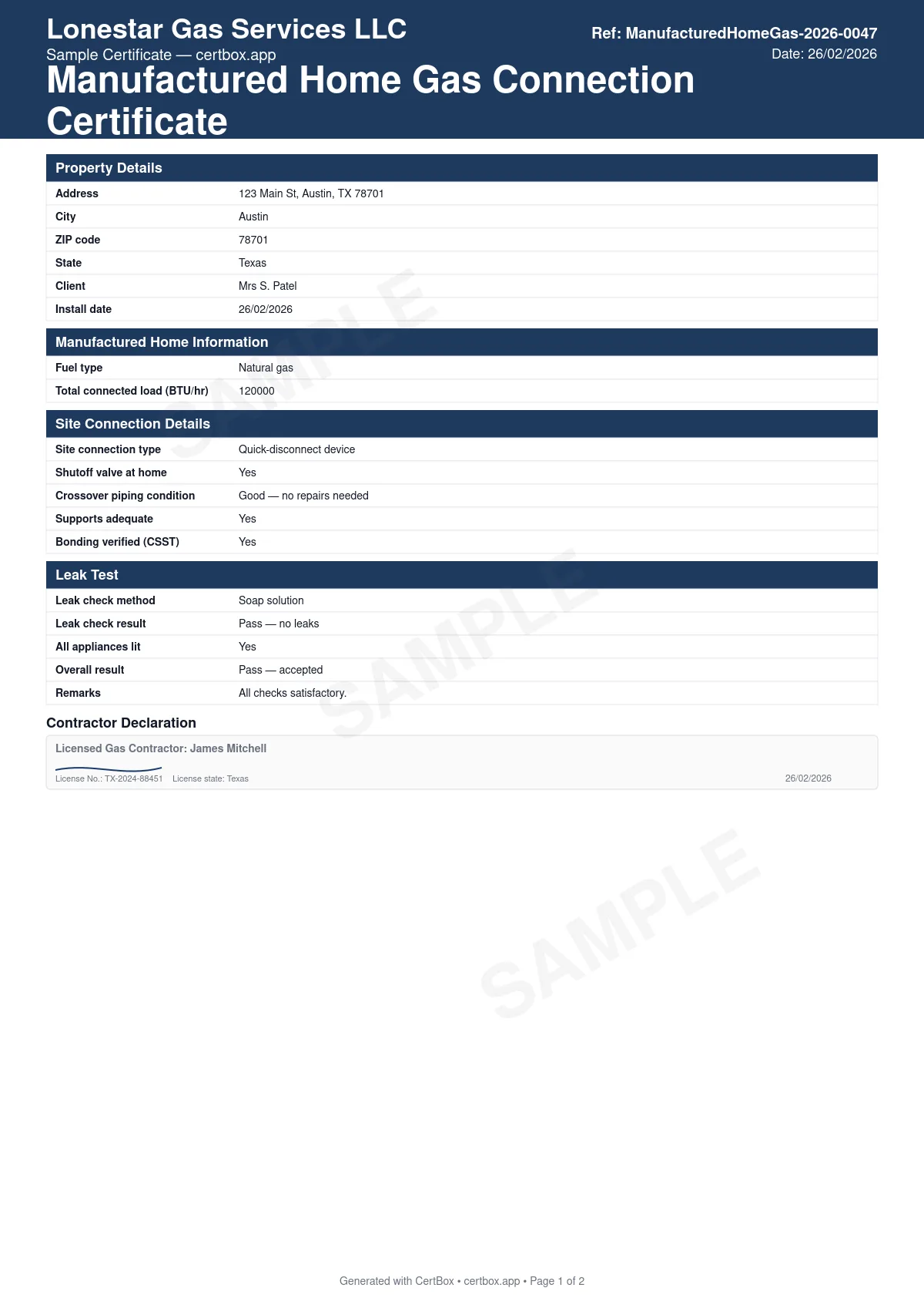 Sample Manufactured Home Gas Connection Certificate certificate created with CertBox, showing the professional PDF layout with home gas inlet and shut-off, flexible connector rating, system pressure test