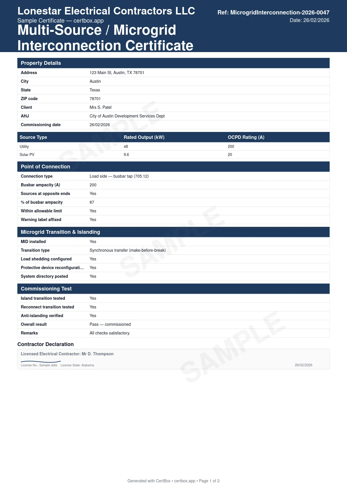 Sample Multi-Source / Microgrid Interconnection Certificate certificate created with CertBox, showing the professional PDF layout with interconnected sources and ratings, point of interconnection and busbar loading, overcurrent and back-feed protection
