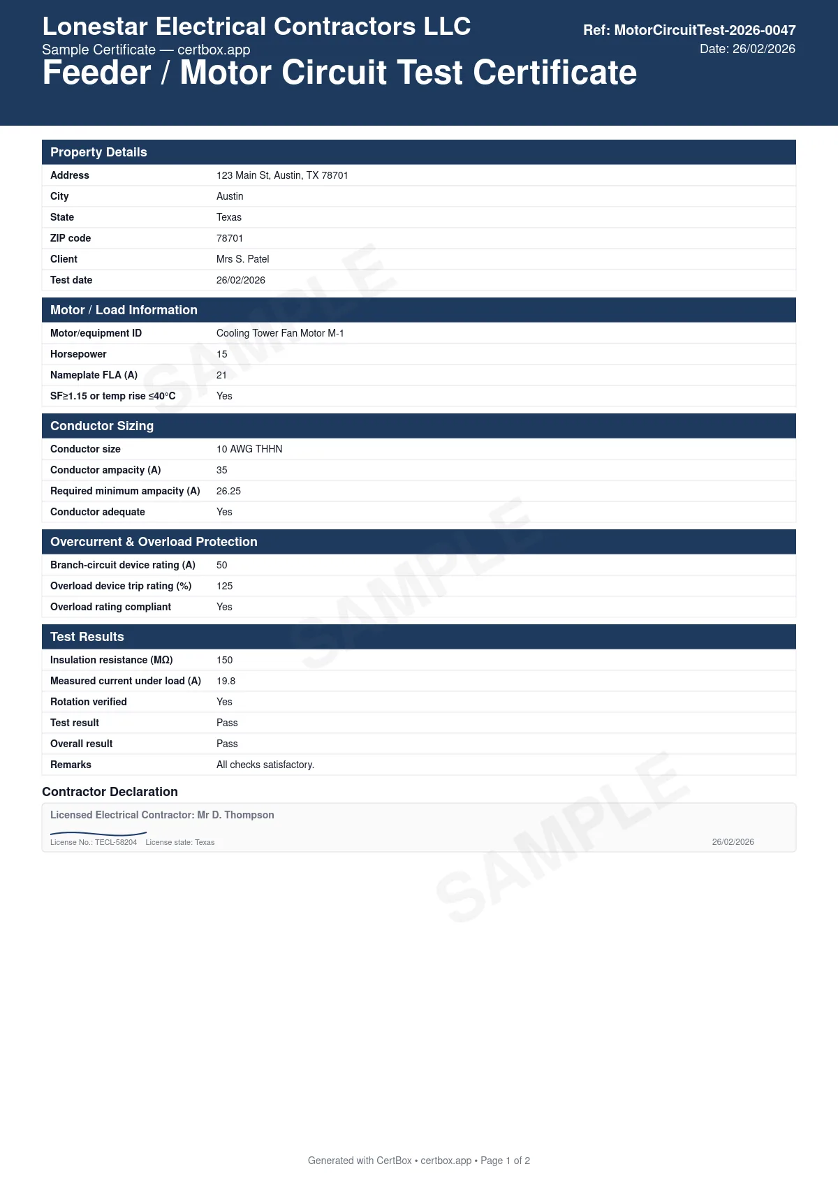 Sample Feeder / Motor Circuit Test Certificate certificate created with CertBox, showing the professional PDF layout with motor nameplate and full-load current, conductor size vs required ampacity, overload device rating