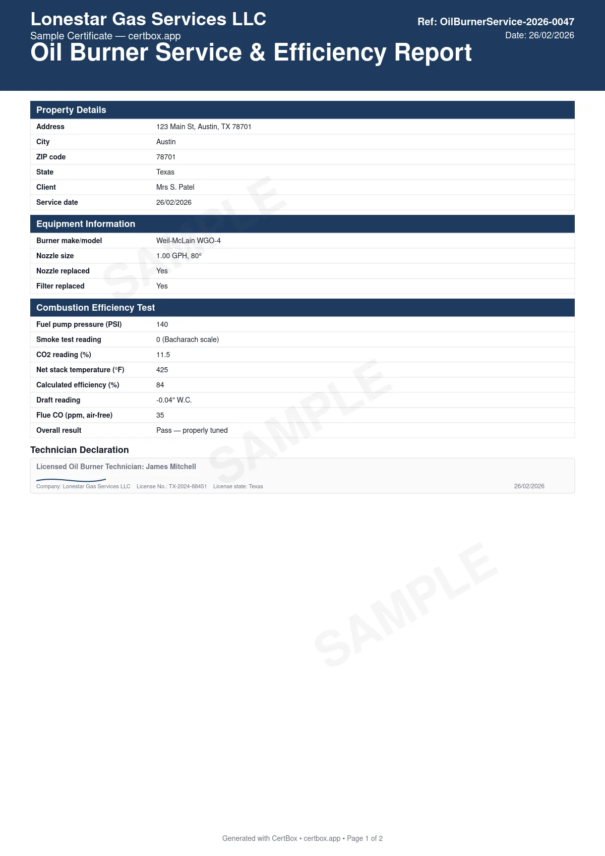 Sample Oil Burner Service & Efficiency Report certificate created with CertBox, showing the professional PDF layout with nozzle, filter and strainer service, electrode and pump pressure check, combustion readings (co2/o2, stack temp, smoke)