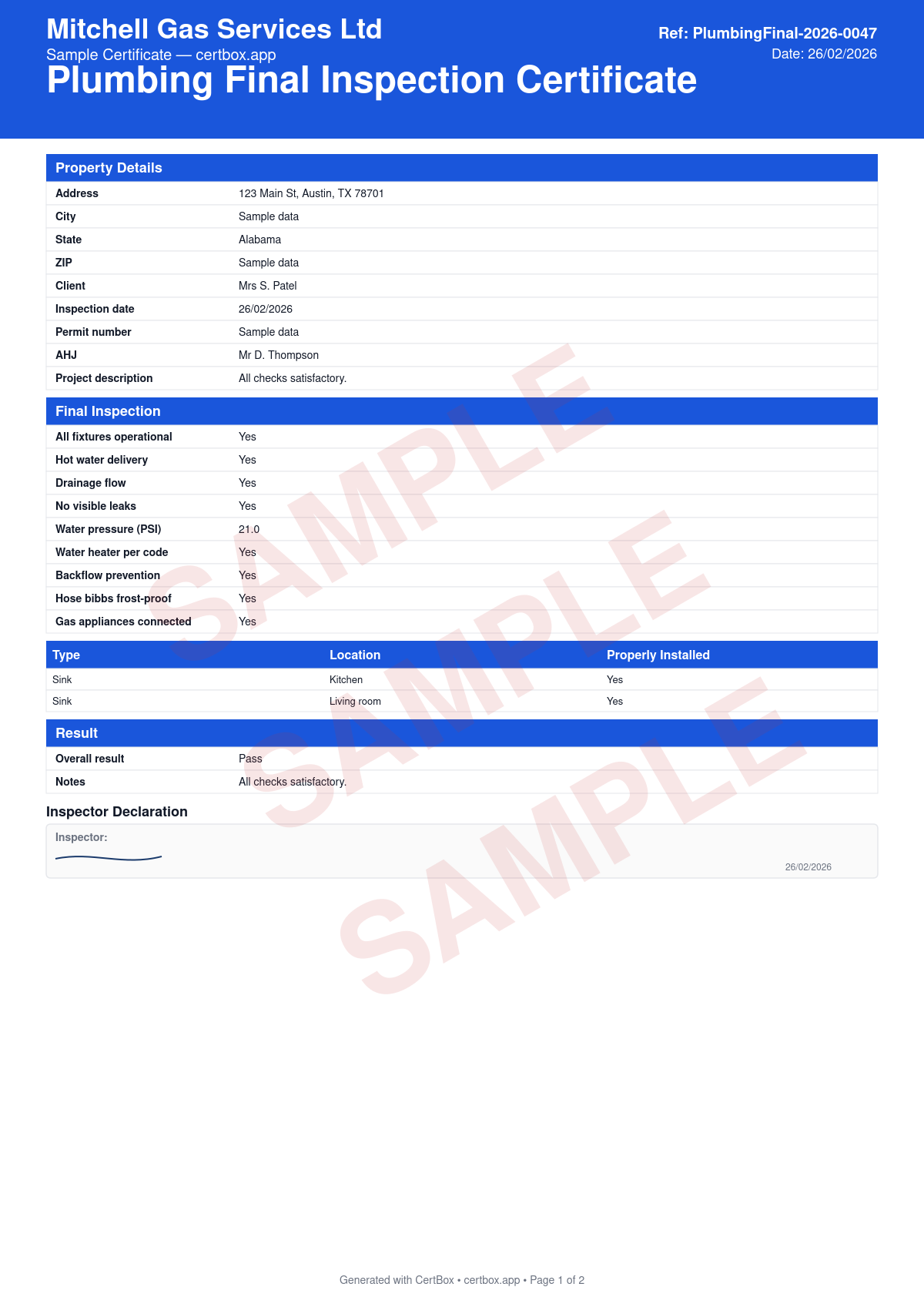 Sample Plumbing Final Inspection Certificate certificate created with CertBox, showing the professional PDF layout with all fixtures operational, hot water delivery verified, drainage flow verification