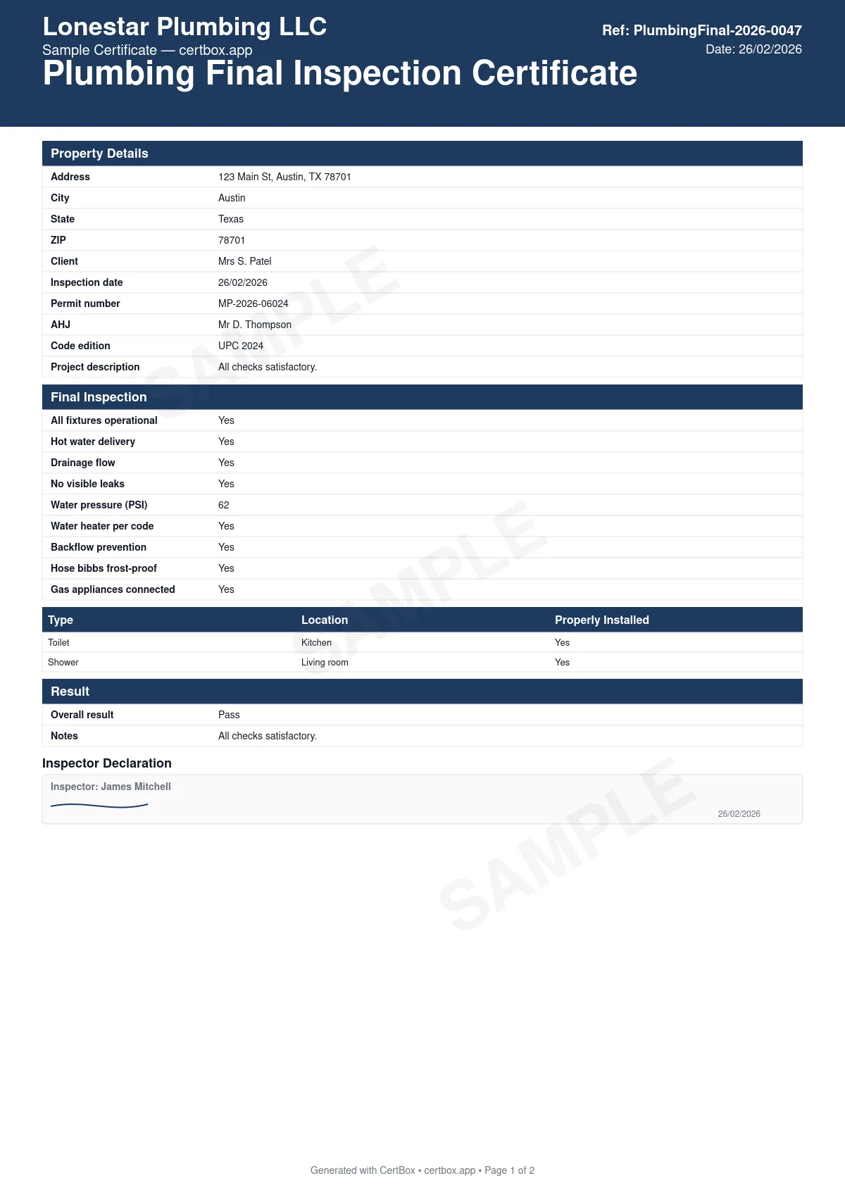 Sample Plumbing Final Inspection Certificate certificate created with CertBox, showing the professional PDF layout with all fixtures operational, hot water delivery verified, drainage flow verification