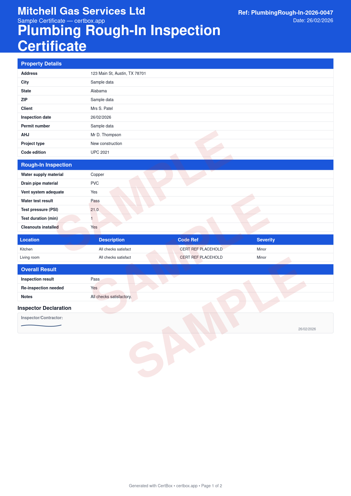 Sample Plumbing Rough-In Inspection Certificate certificate created with CertBox, showing the professional PDF layout with supply and dwv pipe materials and sizing, water pressure test results, vent system adequacy