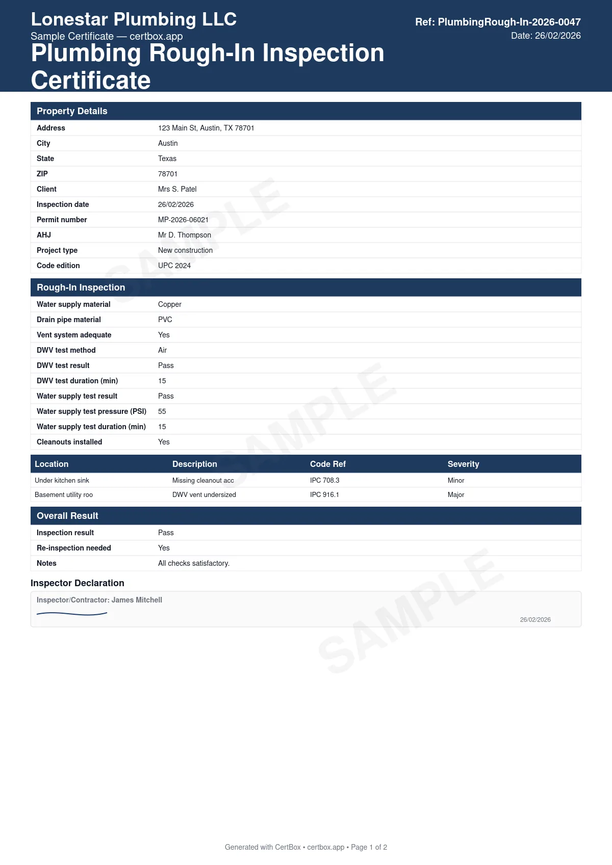 Sample Plumbing Rough-In Inspection Certificate certificate created with CertBox, showing the professional PDF layout with supply and dwv pipe materials and sizing, water pressure test results, vent system adequacy