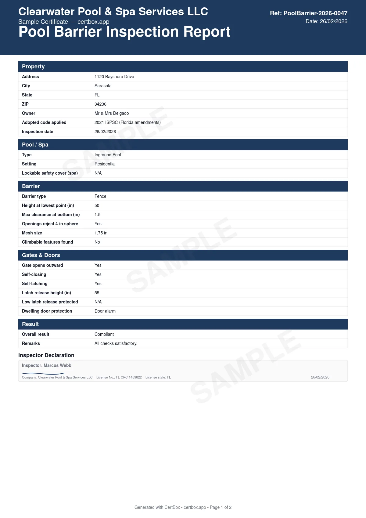 Sample Pool Barrier Inspection Report certificate created with CertBox, showing the professional PDF layout with barrier height and bottom clearance, 4-inch sphere opening test, gate direction, self-closing and self-latching