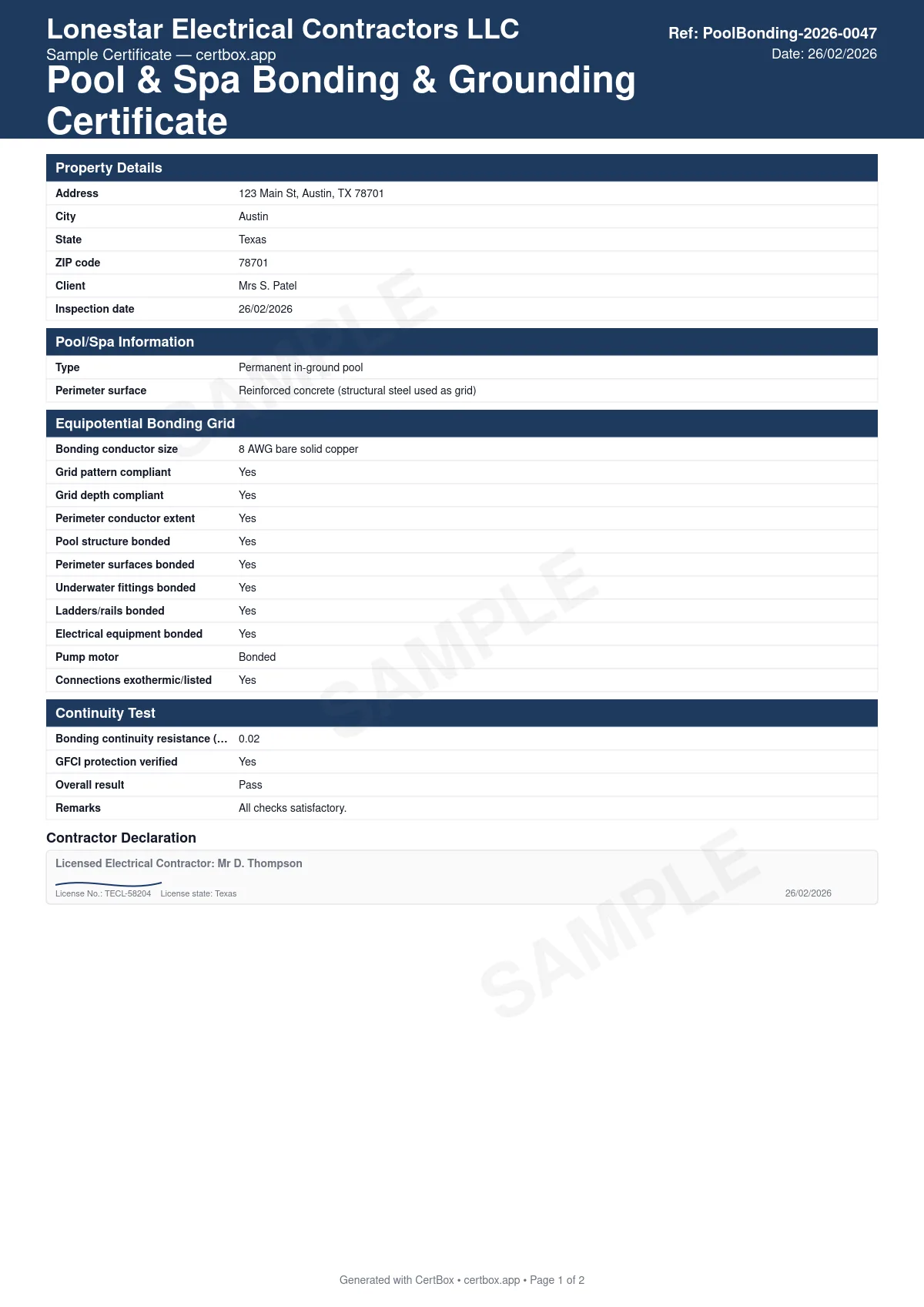 Sample Pool & Spa Bonding & Grounding Certificate certificate created with CertBox, showing the professional PDF layout with pool/spa type and perimeter surface, equipotential bonding grid construction and depth, bonded parts: structure, perimeter surfaces, underwater fittings, ladders/rails, electrical equipment, pump motor