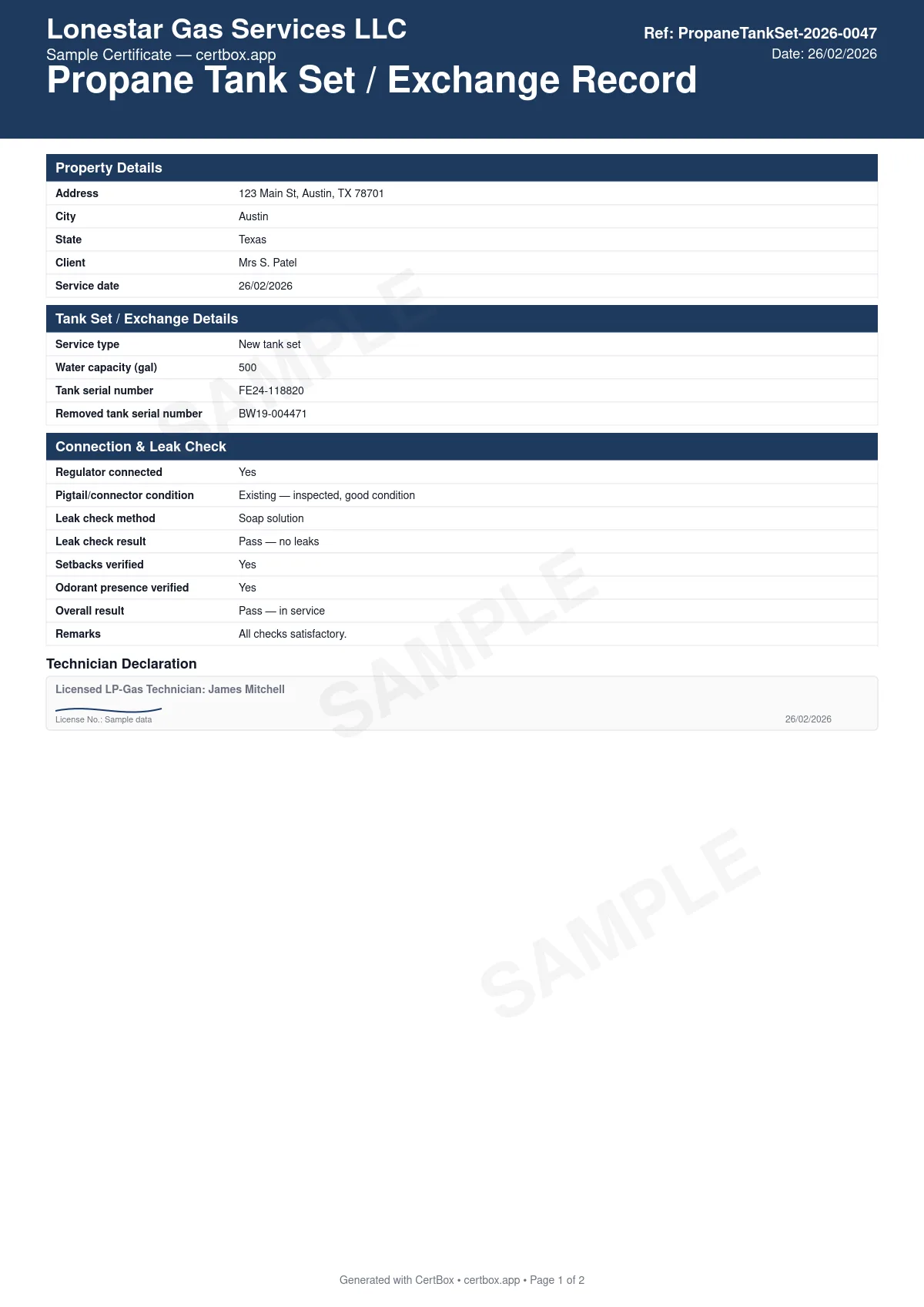 Sample Propane Tank Set / Exchange Record certificate created with CertBox, showing the professional PDF layout with container size and above/underground type, placement and distance separations, regulator type and setting