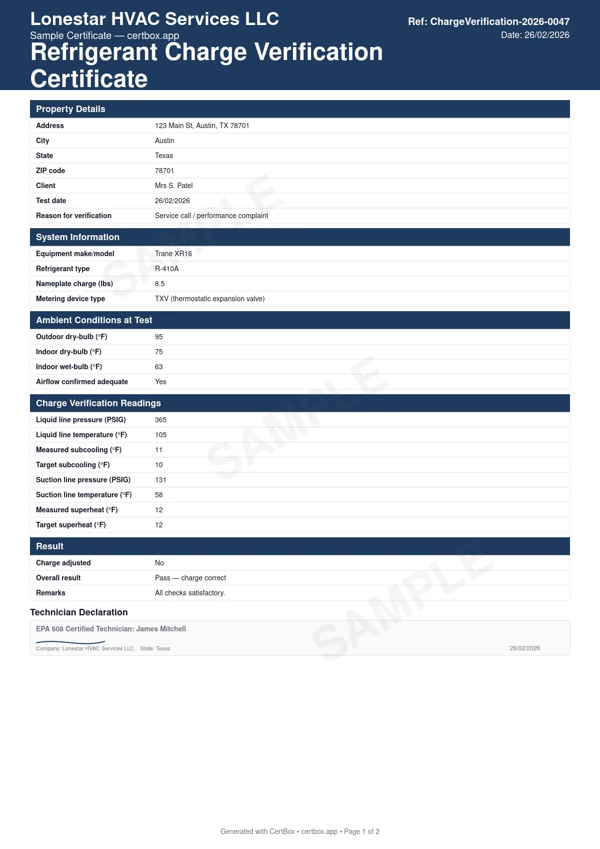 Sample Refrigerant Charge Verification Certificate certificate created with CertBox, showing the professional PDF layout with refrigerant type and metering device (txv vs. fixed orifice), ambient dry-bulb/wet-bulb conditions at test, liquid/suction line pressure and temperature readings
