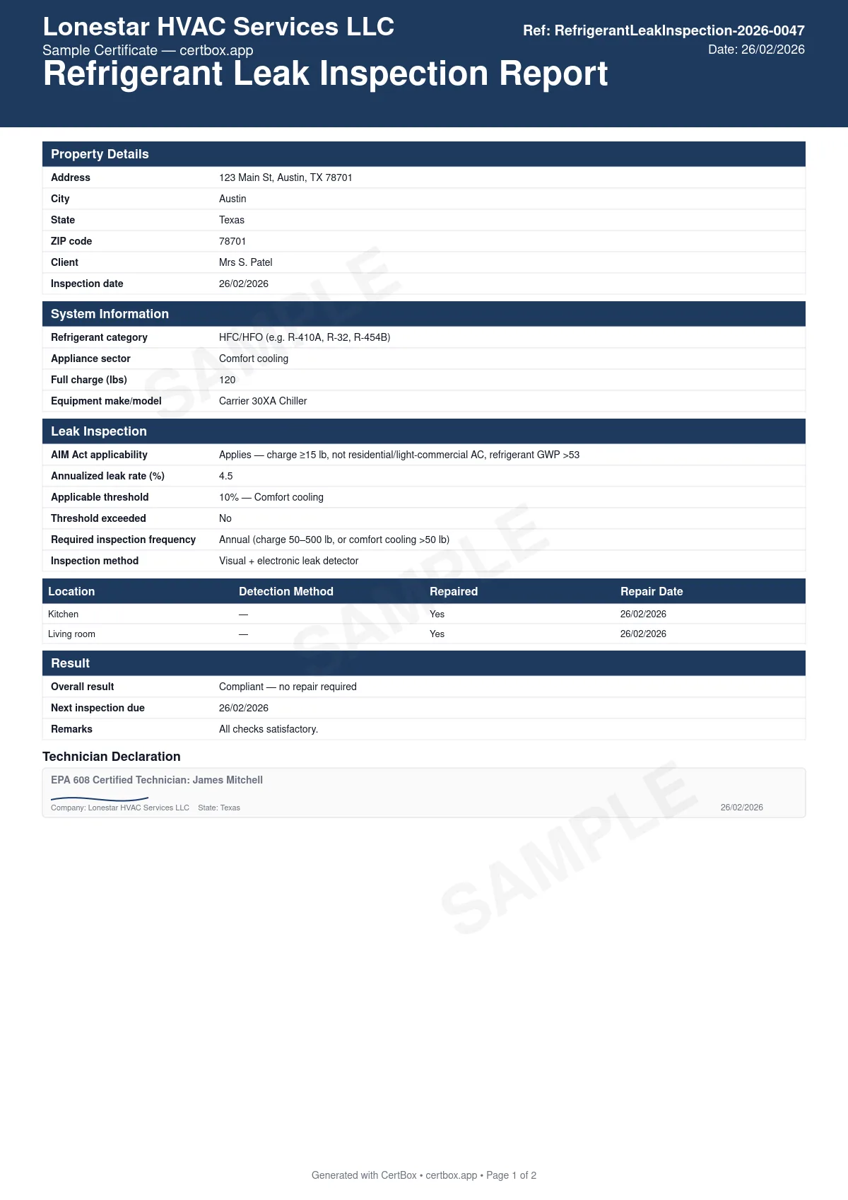 Sample Refrigerant Leak Inspection Report (>50 lb Systems) certificate created with CertBox, showing the professional PDF layout with refrigerant category (ods vs. hfc/hfo) and applicable federal regime, full charge and appliance sector (comfort cooling / commercial refrigeration / industrial process), annualized leak rate vs. applicable threshold (10%/20%/30%)