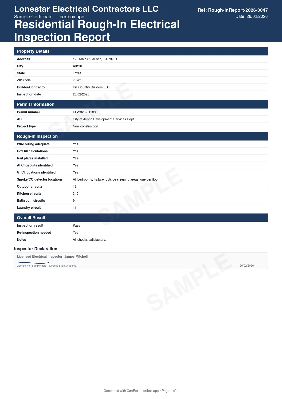 Sample Residential Rough-In Electrical Inspection Report certificate created with CertBox, showing the professional PDF layout with wire sizing and routing, box fill calculations, nail plate protection