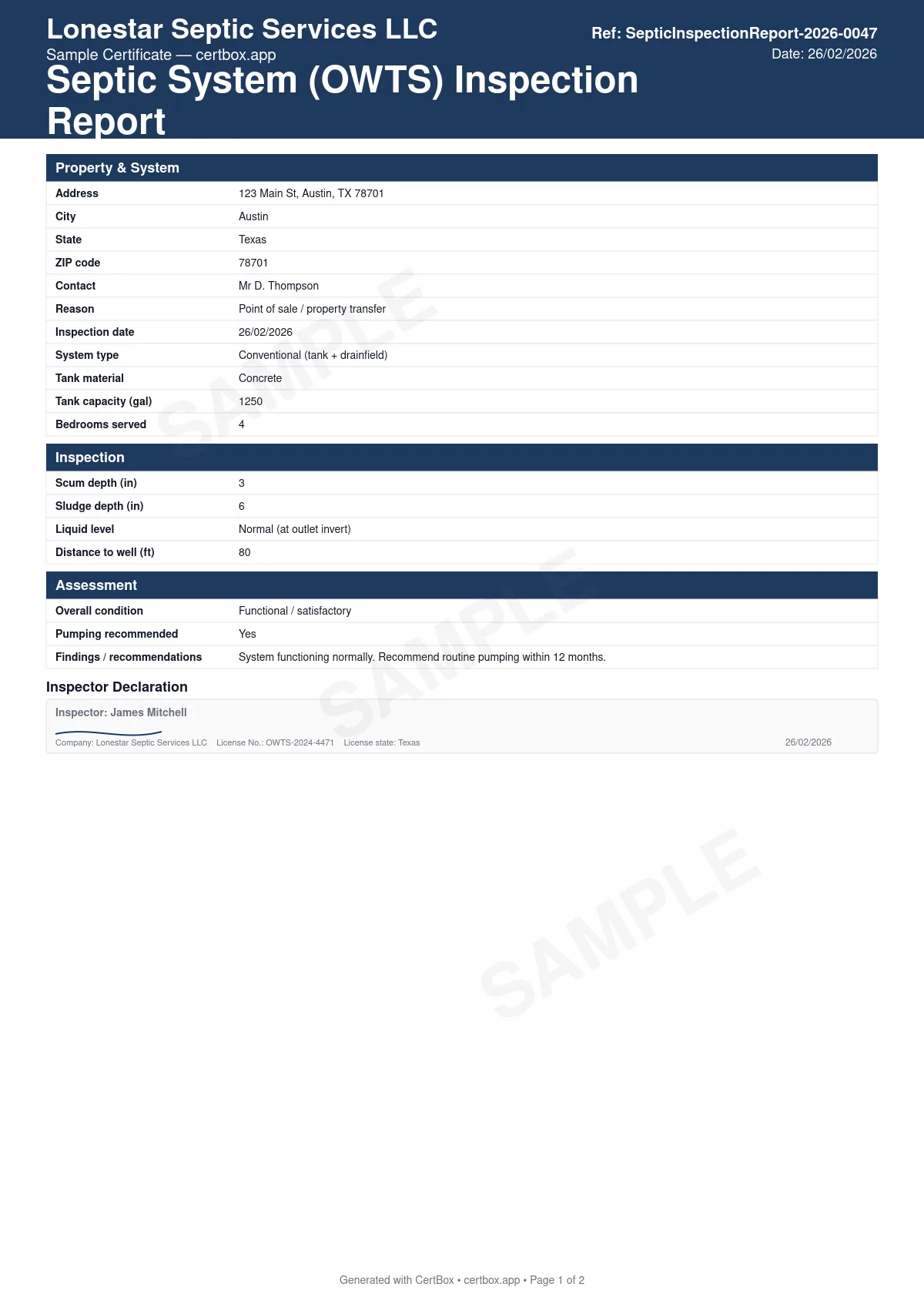Sample Septic System (OWTS) Inspection Report certificate created with CertBox, showing the professional PDF layout with reason for inspection (point-of-sale, routine, complaint, or permit), system type and tank condition, scum and sludge depth measurement