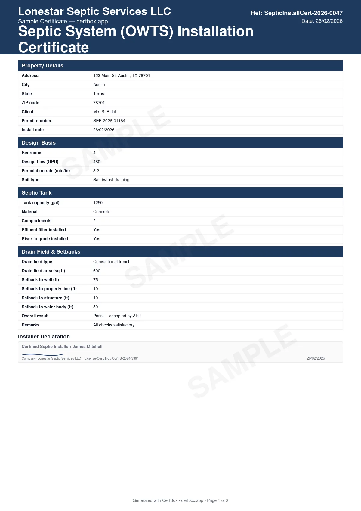 Sample Septic System (OWTS) Installation Certificate certificate created with CertBox, showing the professional PDF layout with design basis: bedrooms, design flow, percolation rate, soil type, tank capacity, material, and compartments, drain field type, area, and distribution