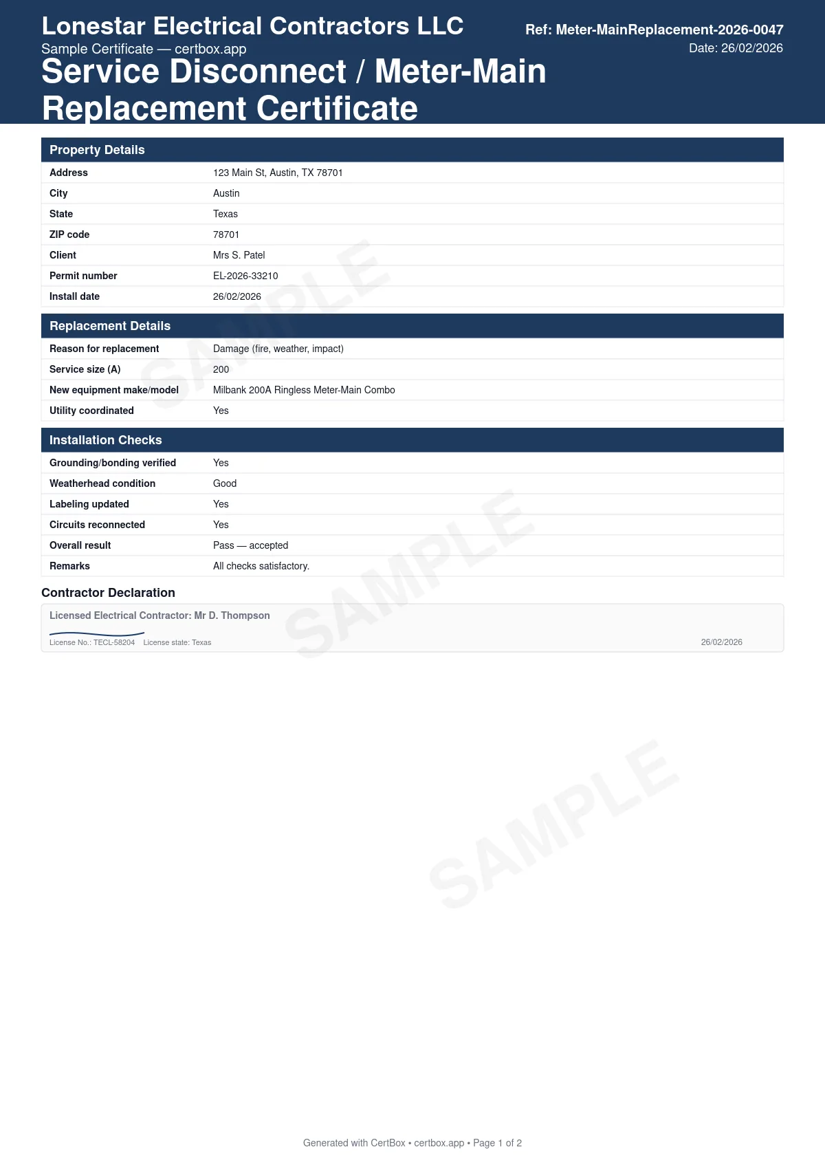 Sample Service Disconnect / Meter-Main Replacement Certificate certificate created with CertBox, showing the professional PDF layout with existing and replacement equipment rating, reason for replacement (damage, corrosion, recall), grounding electrode and bonding